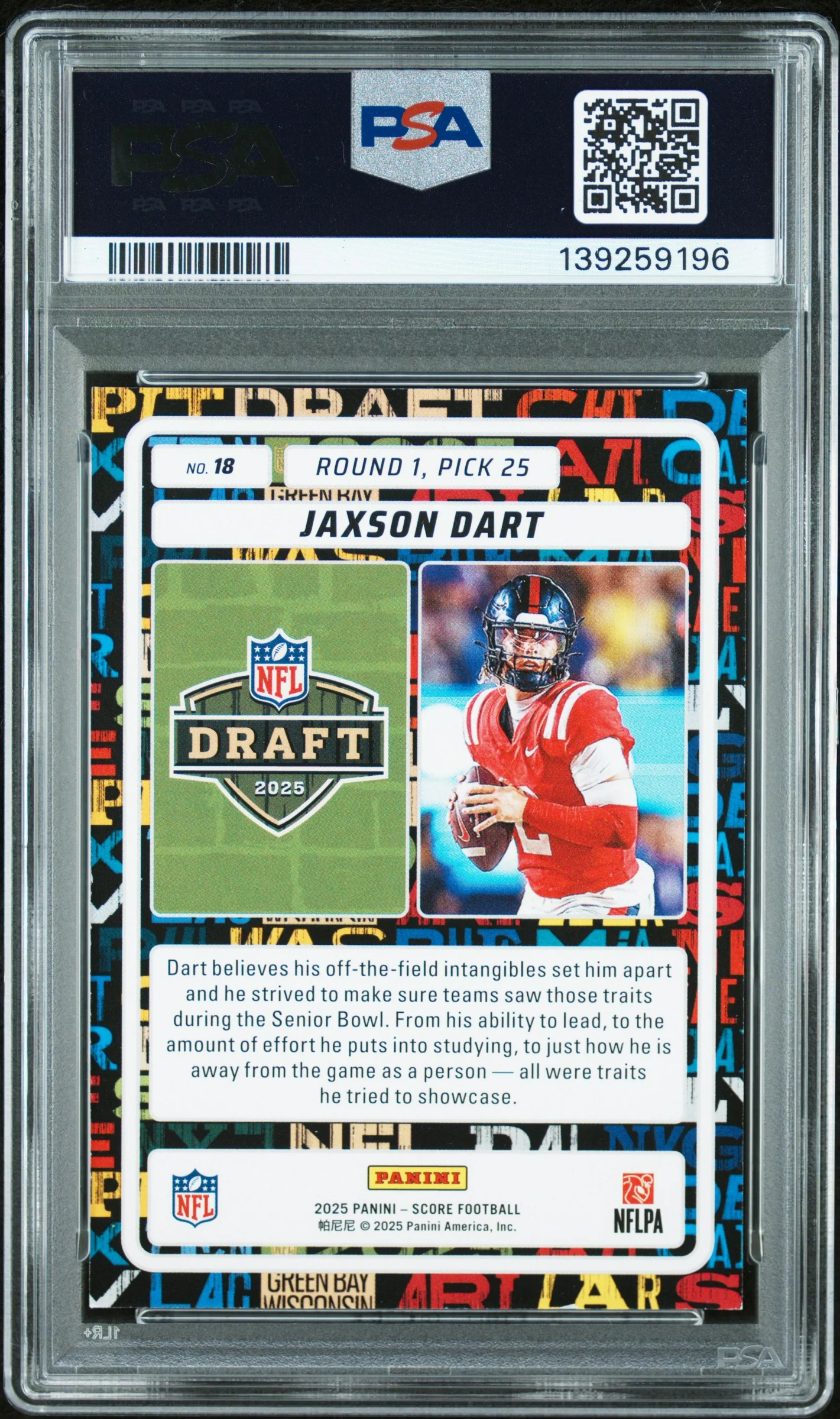 2025 Score NFL Draft Jaxson Dart #18 PSA 9 - Image 2
