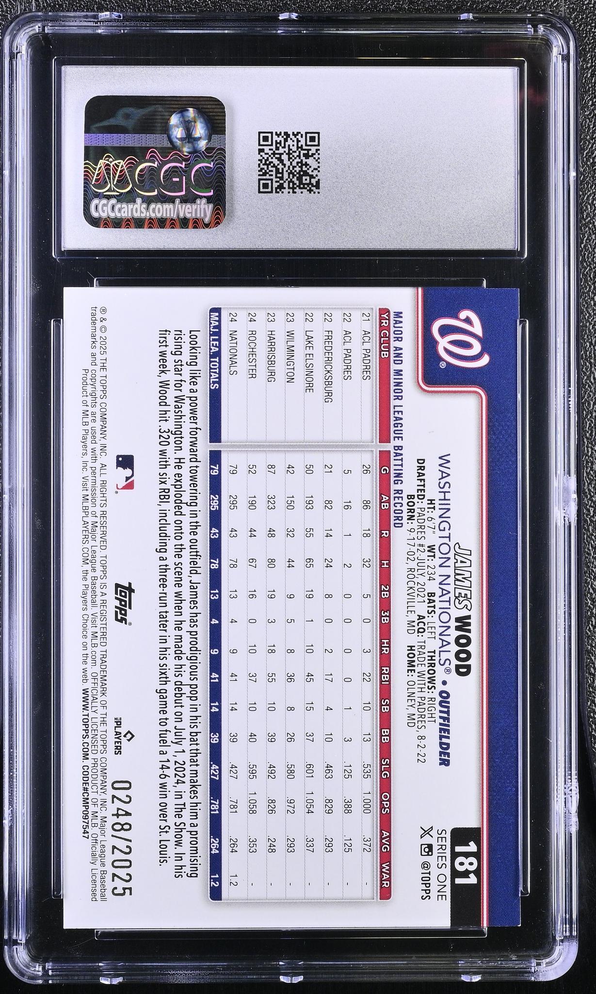 2025 Topps #181 James Wood Series One /2025 CGC 9.5 - Image 2