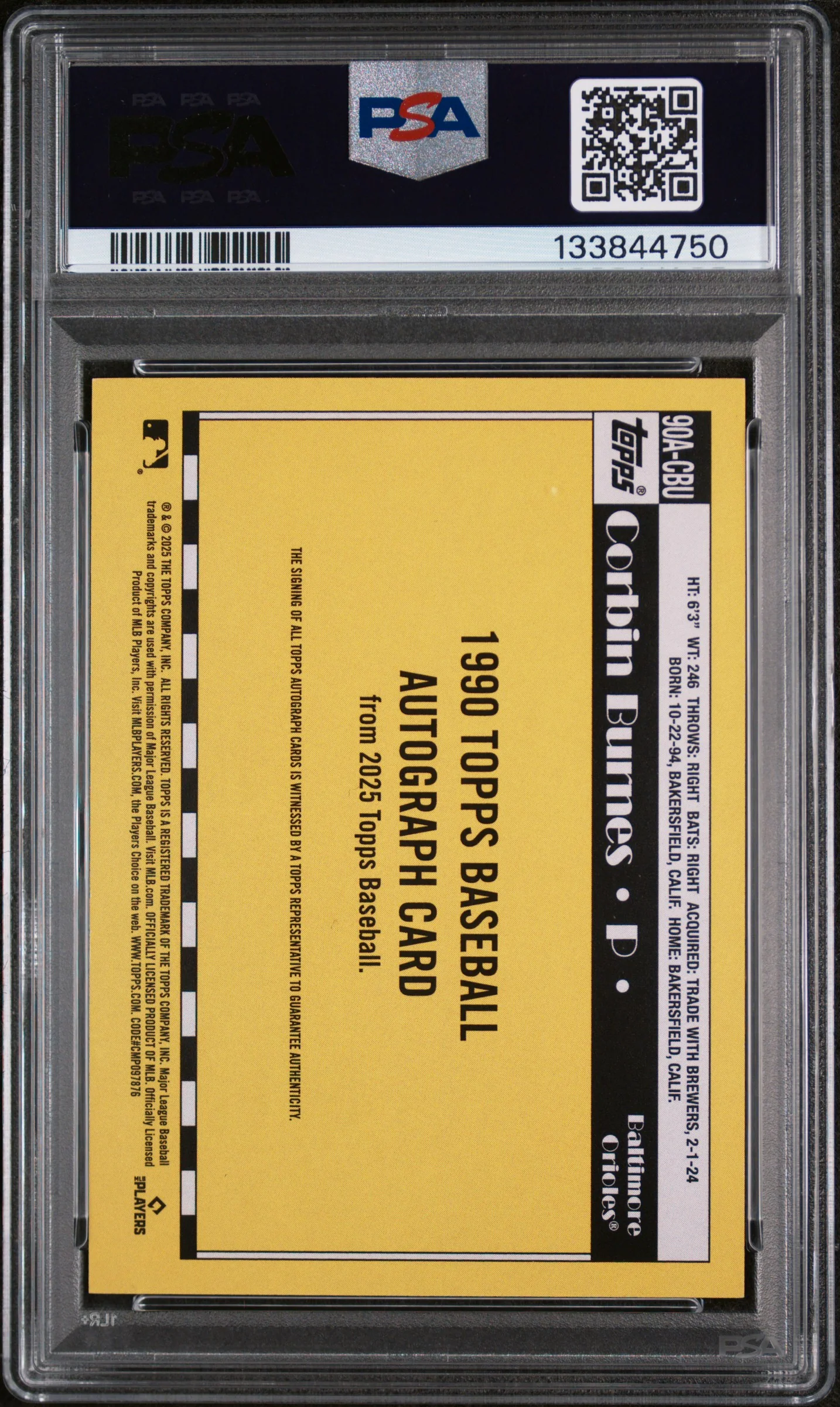 2025 Topps 1990 Topps Baseball Autographs Corbin Burnes #90ACBU PSA 8 - Image 2