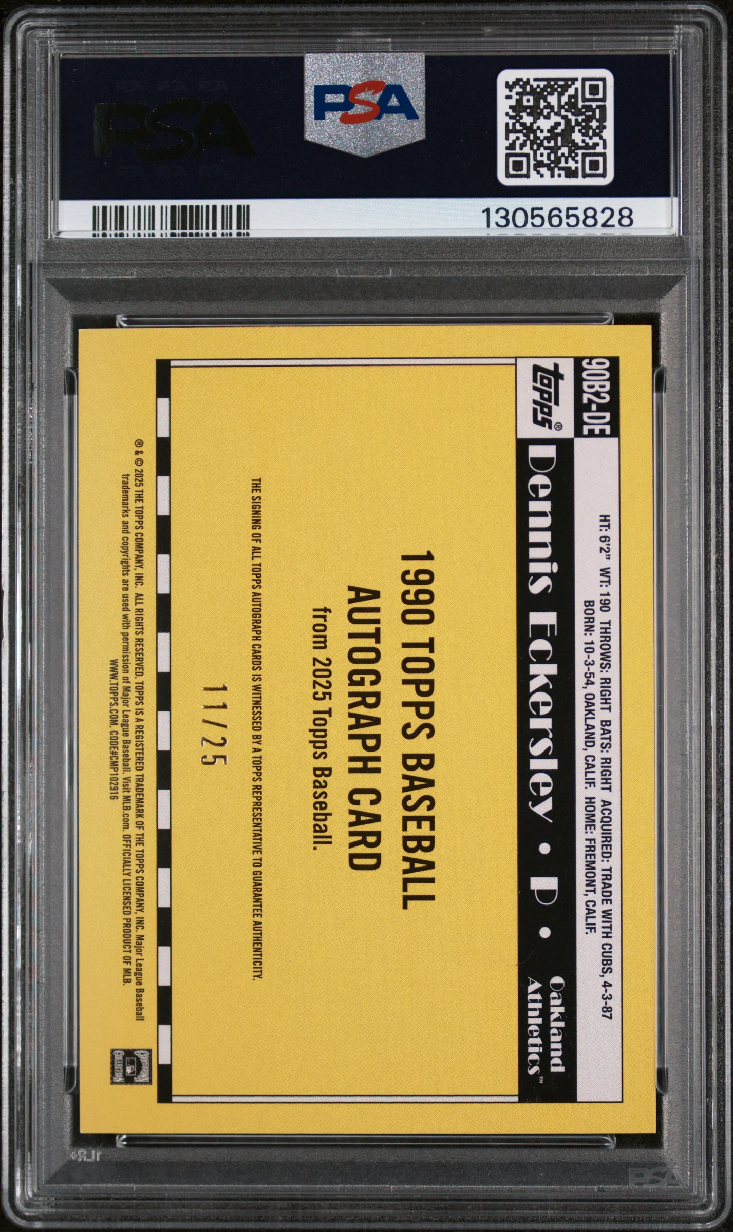 2025 Topps 1990 Topps Baseball Autographs Series 2-Orange Dennis Eckersley #90B2DE /25 PSA 8 - Image 2