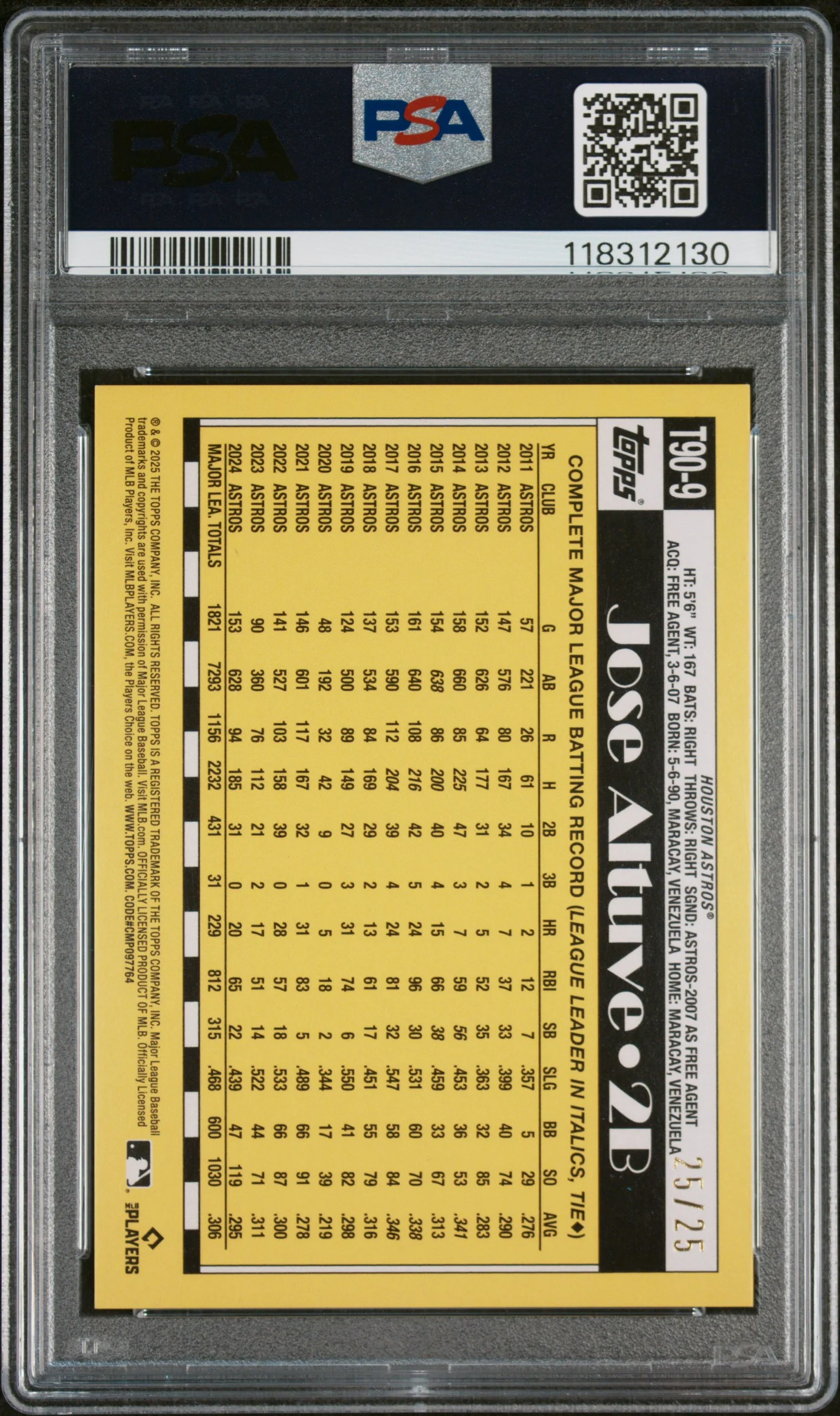 2025 Topps 1990 Topps Baseball Orange Crackle Foilboard Jose Altuve #T909 25/25 PSA 9 - Image 2