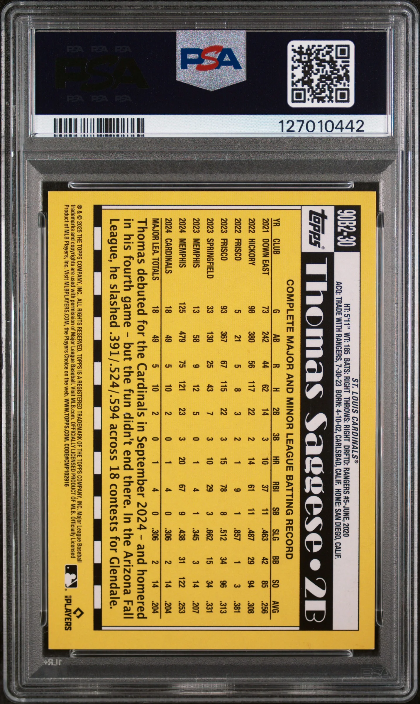 2025 Topps 1990 Topps Baseball Series 2-Orange Crackle Foil Thomas Saggese #90B2-30 /25 PSA 9 - Image 2