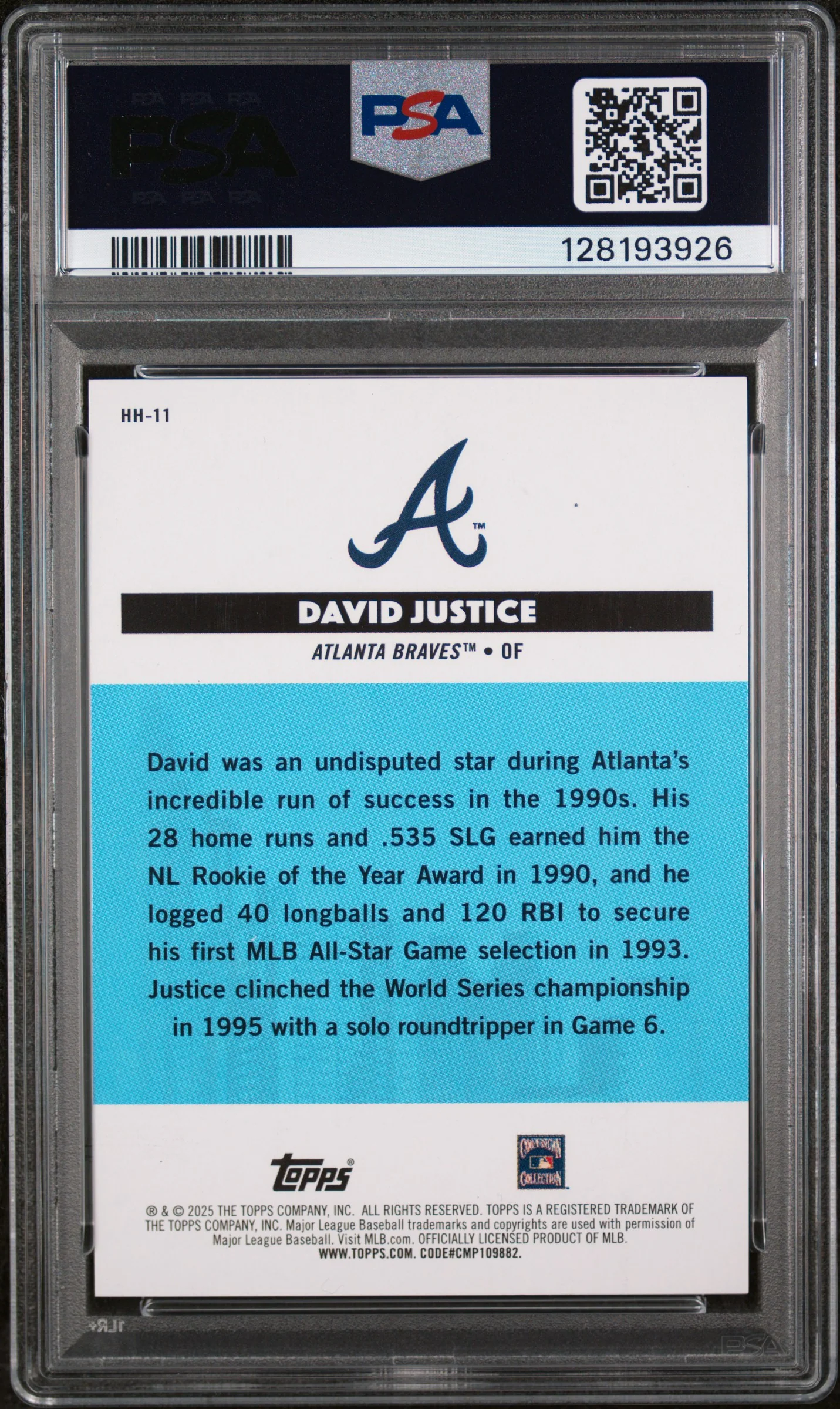 2025 Topps All-Star Game Homegrown Heroes Gold Foil David Justice #HH11 PSA 9 - Image 2
