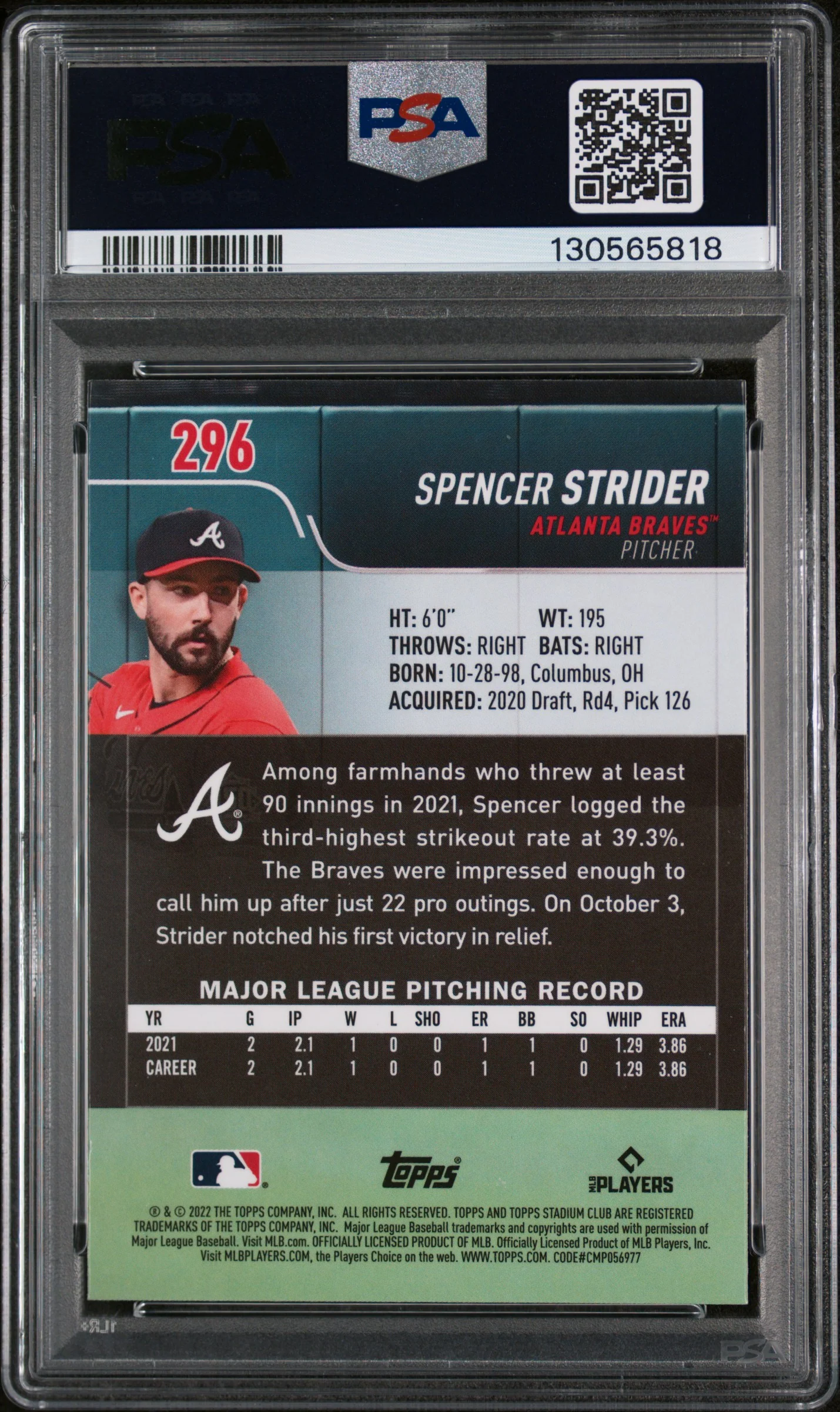 2025 Topps Archives Signature Series 2022 Stadium Club Chrome Spencer Strider #296 /19 PSA 8 - Image 2