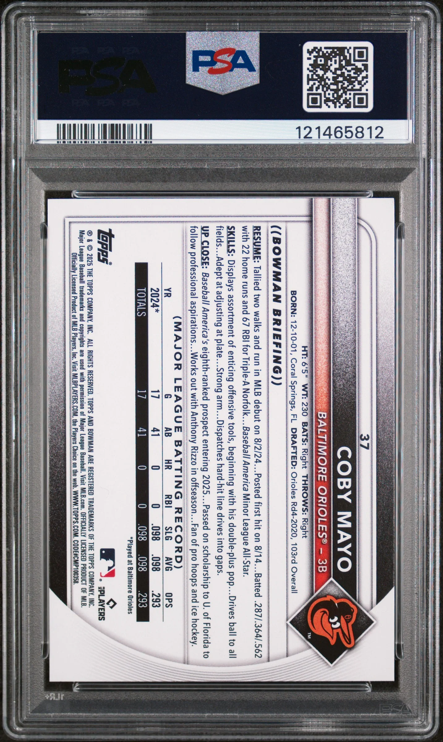 2025 Topps Bowman Retro Logo Foil Pattern Coby Mayo #37 RC PSA 10 - Image 2