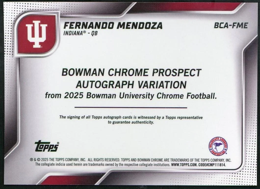 2025 Topps Bowman University Chrome Purple Fernando Mendoza #BCA-FME Auto /75 - Image 2