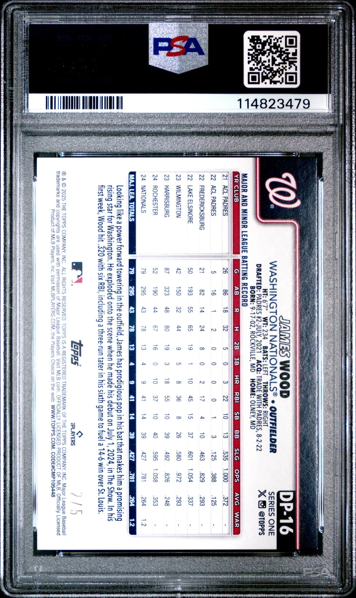 2025 Topps Celebration Dugout Peeks Red James Wood #DP-16 RC /5 PSA 9 - Image 2
