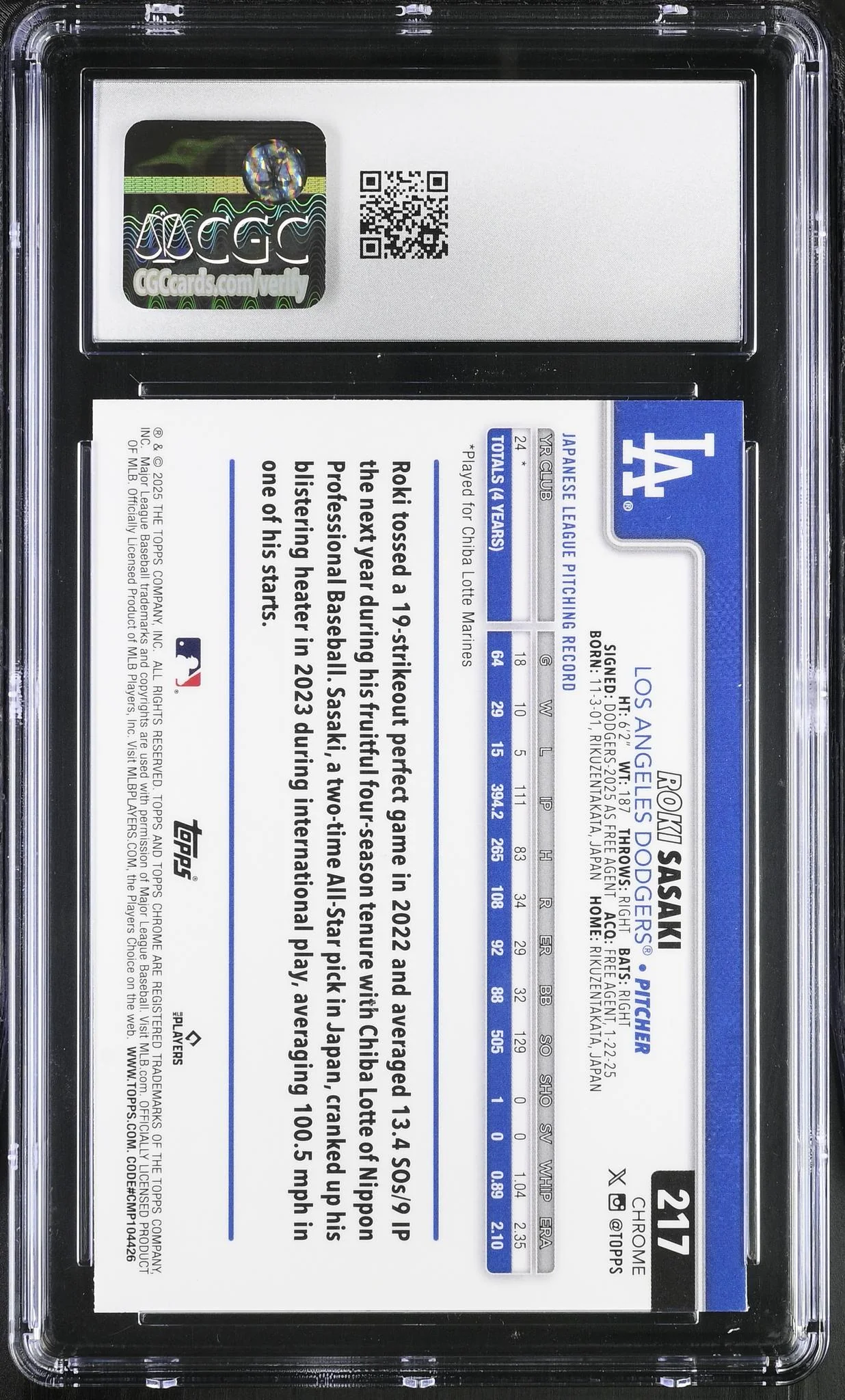 2025 Topps Chrome #217 Roki Sasaki LogoFractor CGC 9 - Image 2