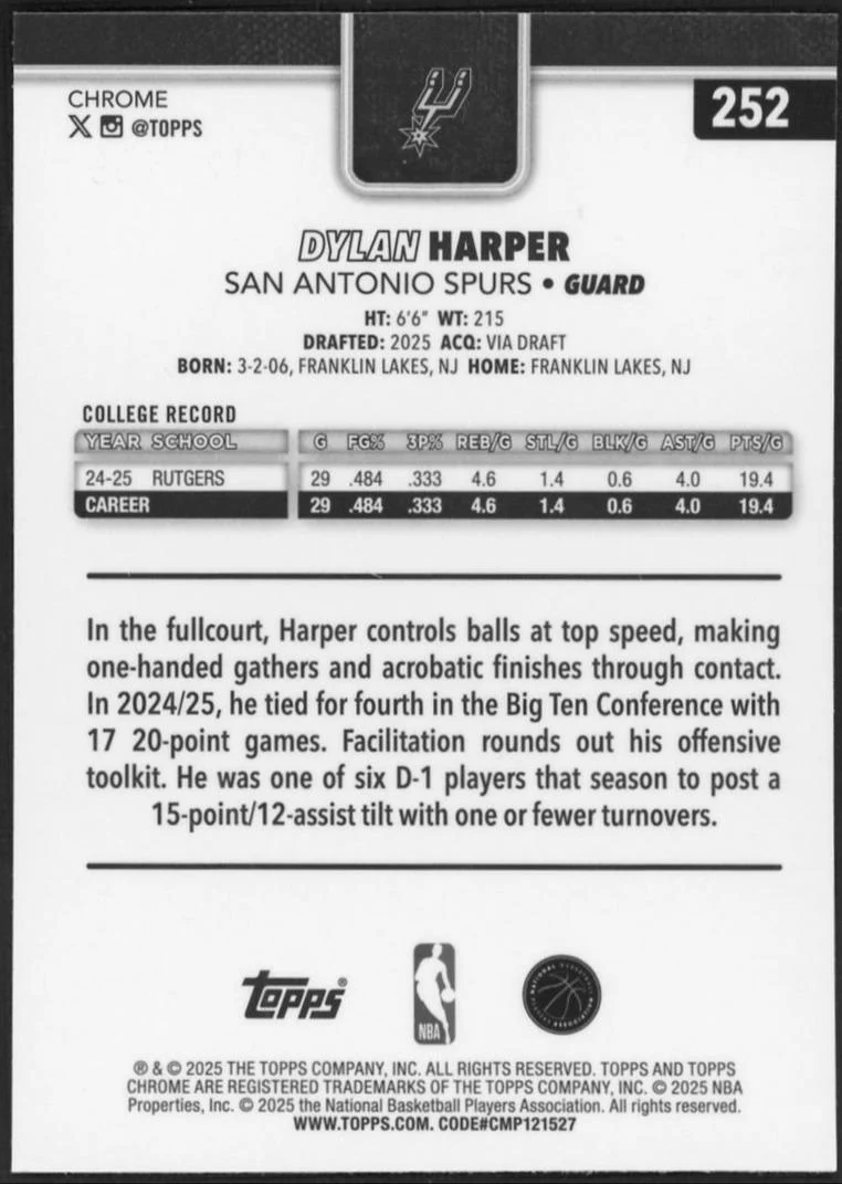 2025 Topps Chrome 252 Dylan Harper Magenta Refractor /399 - Image 2