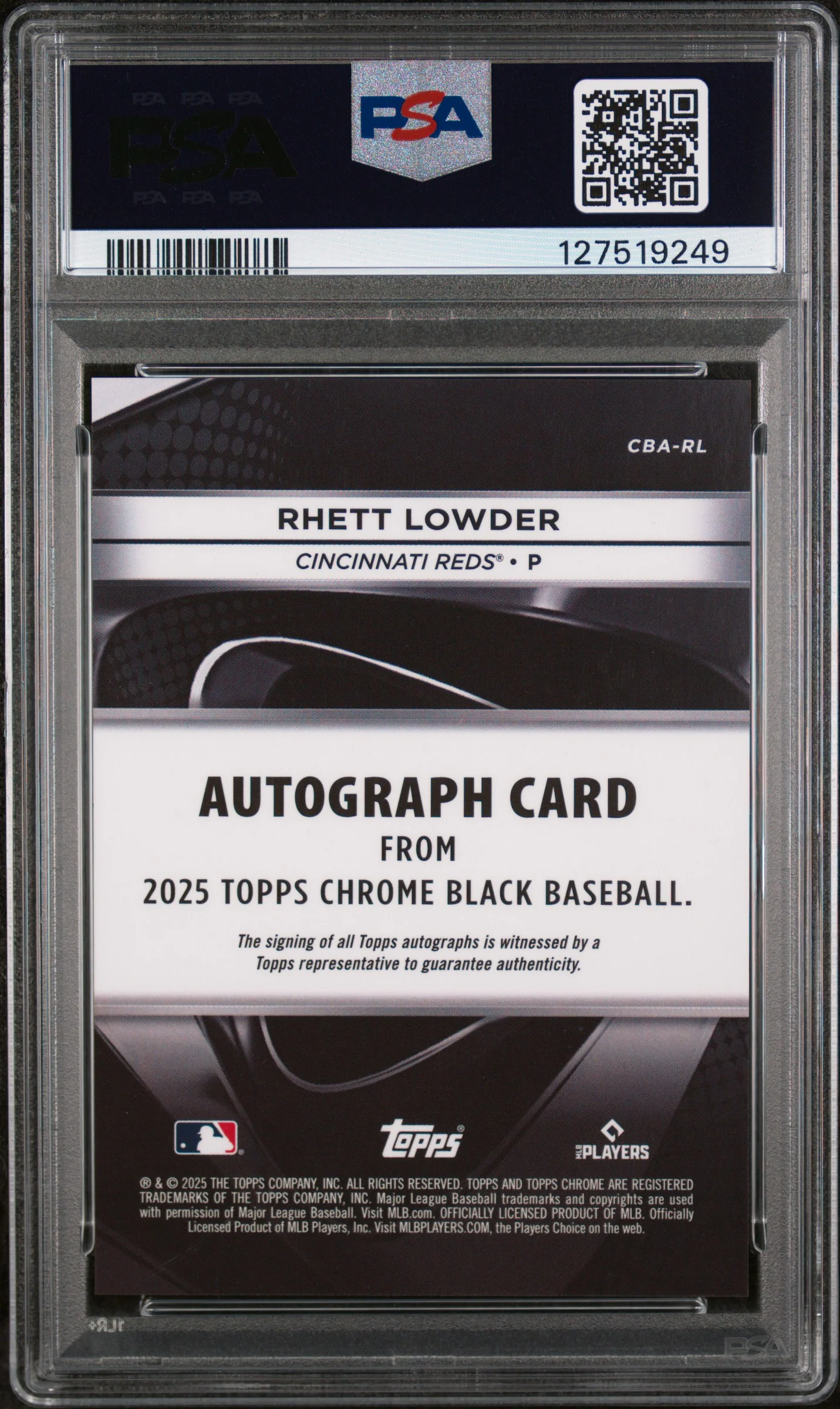 2025 Topps Chrome Black Autographs Blue Refractor Rhett Lowder #RL /150 PSA 10 - Image 2