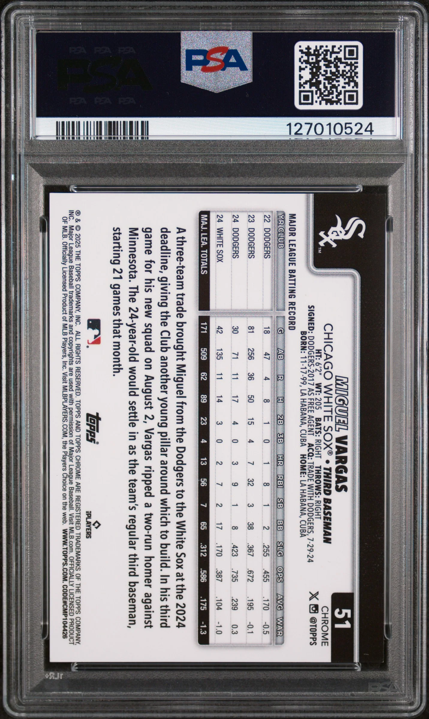 2025 Topps Chrome Black Geometric Miguel Vargas #51 /10 PSA 9 - Image 2
