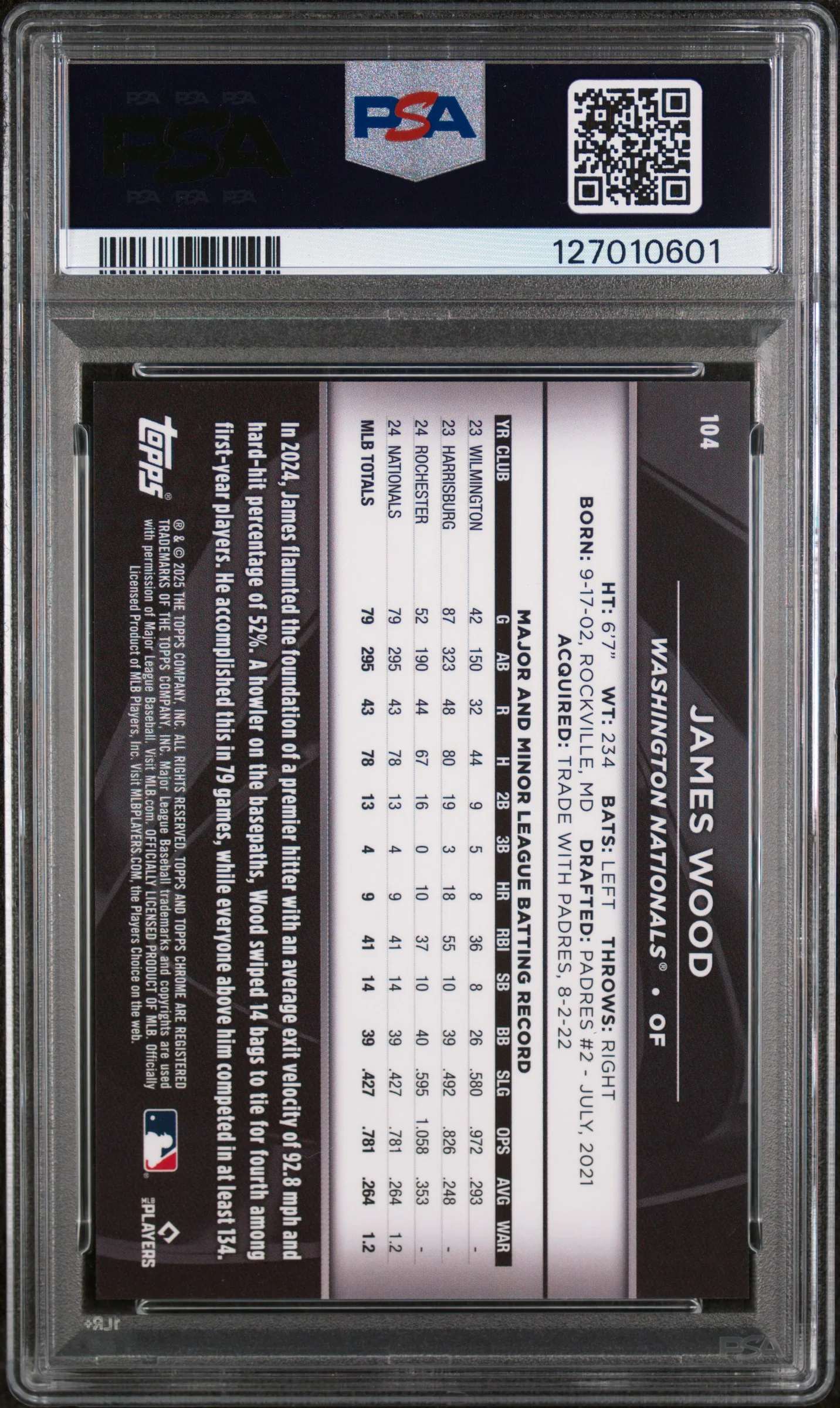 2025 Topps Chrome Black Green Refractor James Wood #104 /99 PSA 10 - Image 2