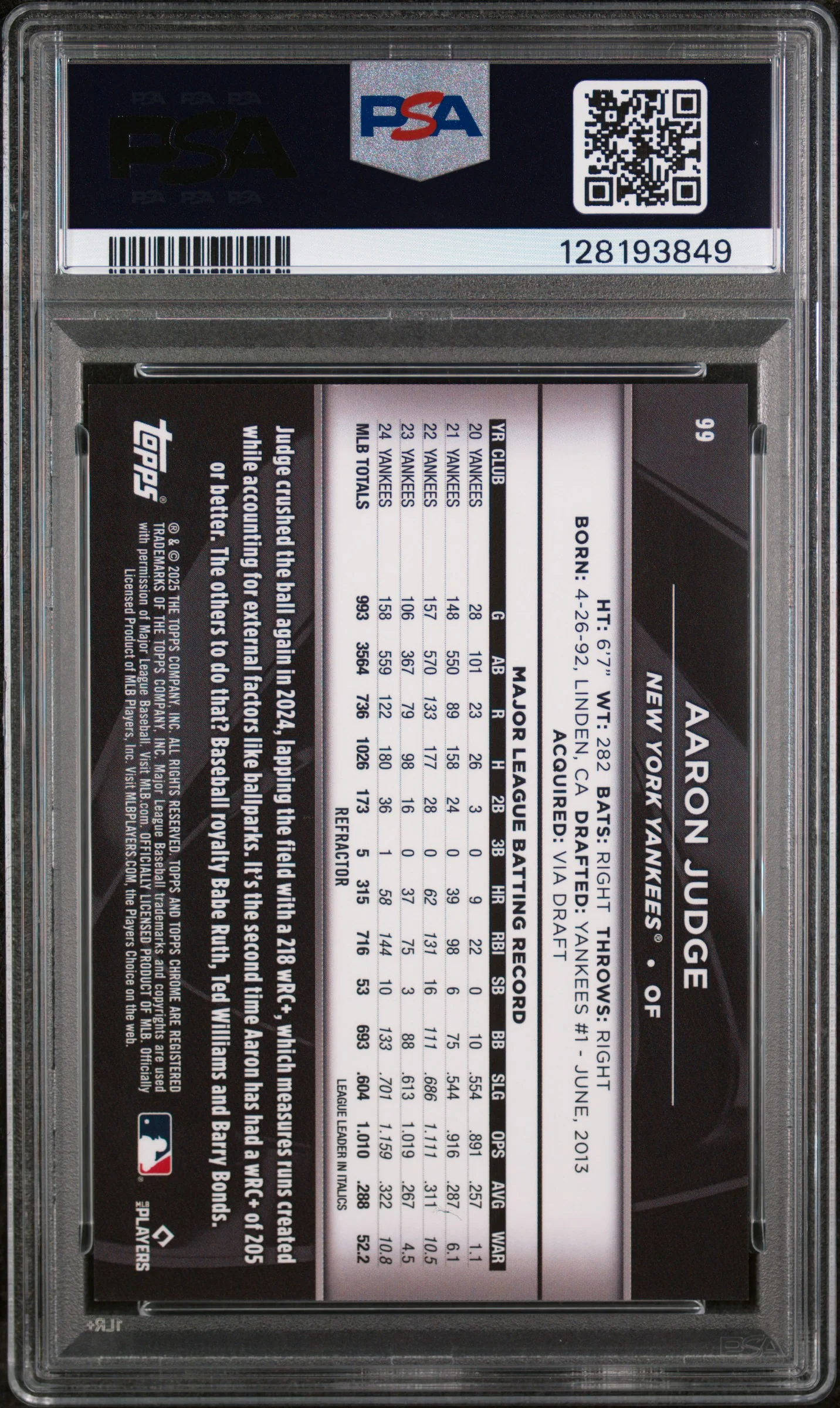 2025 Topps Chrome Black Refractor Aaron Judge #99 /199 PSA 8 - Image 2