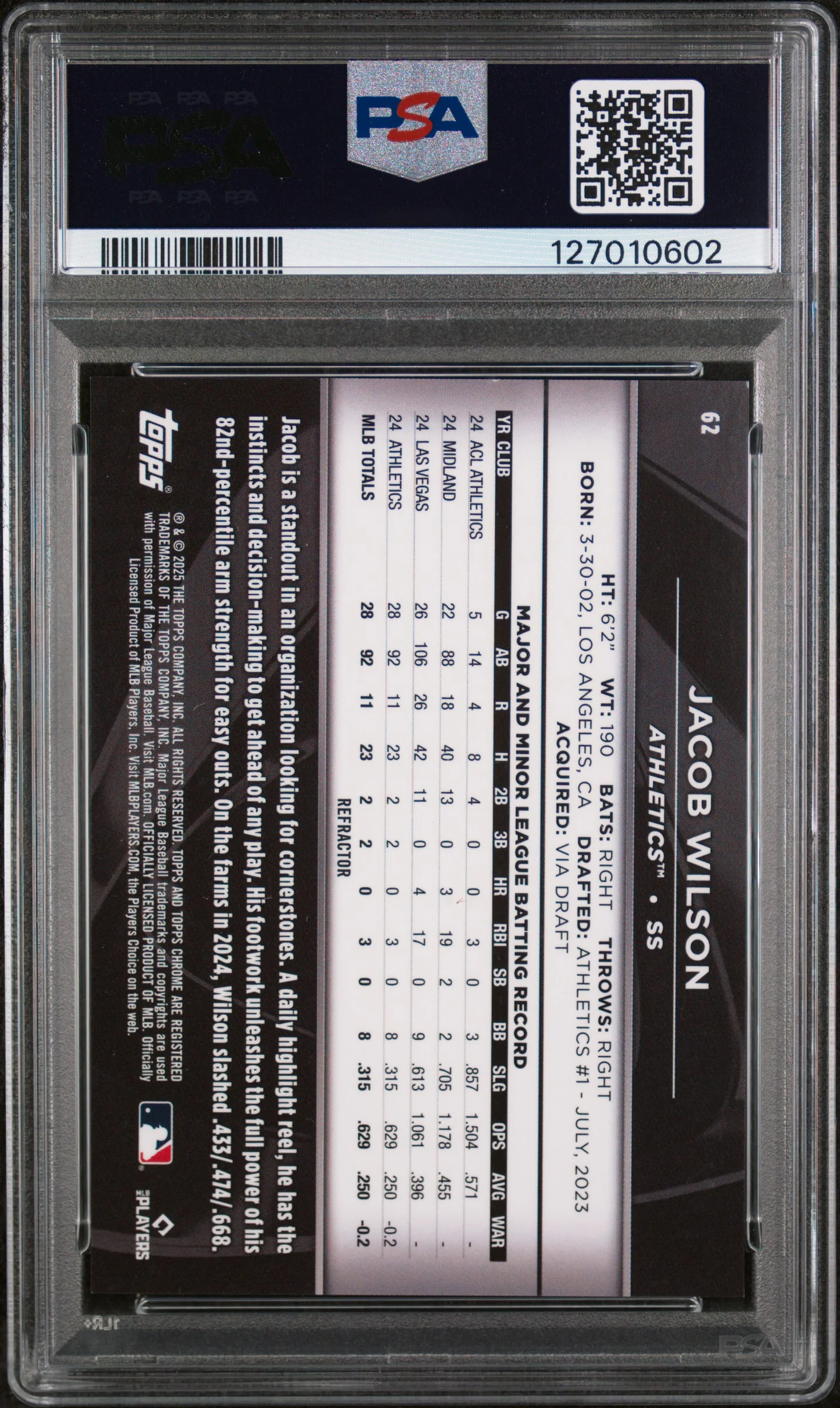 2025 Topps Chrome Black Refractor Jacob Wilson #62 /199 PSA 9 - Image 2