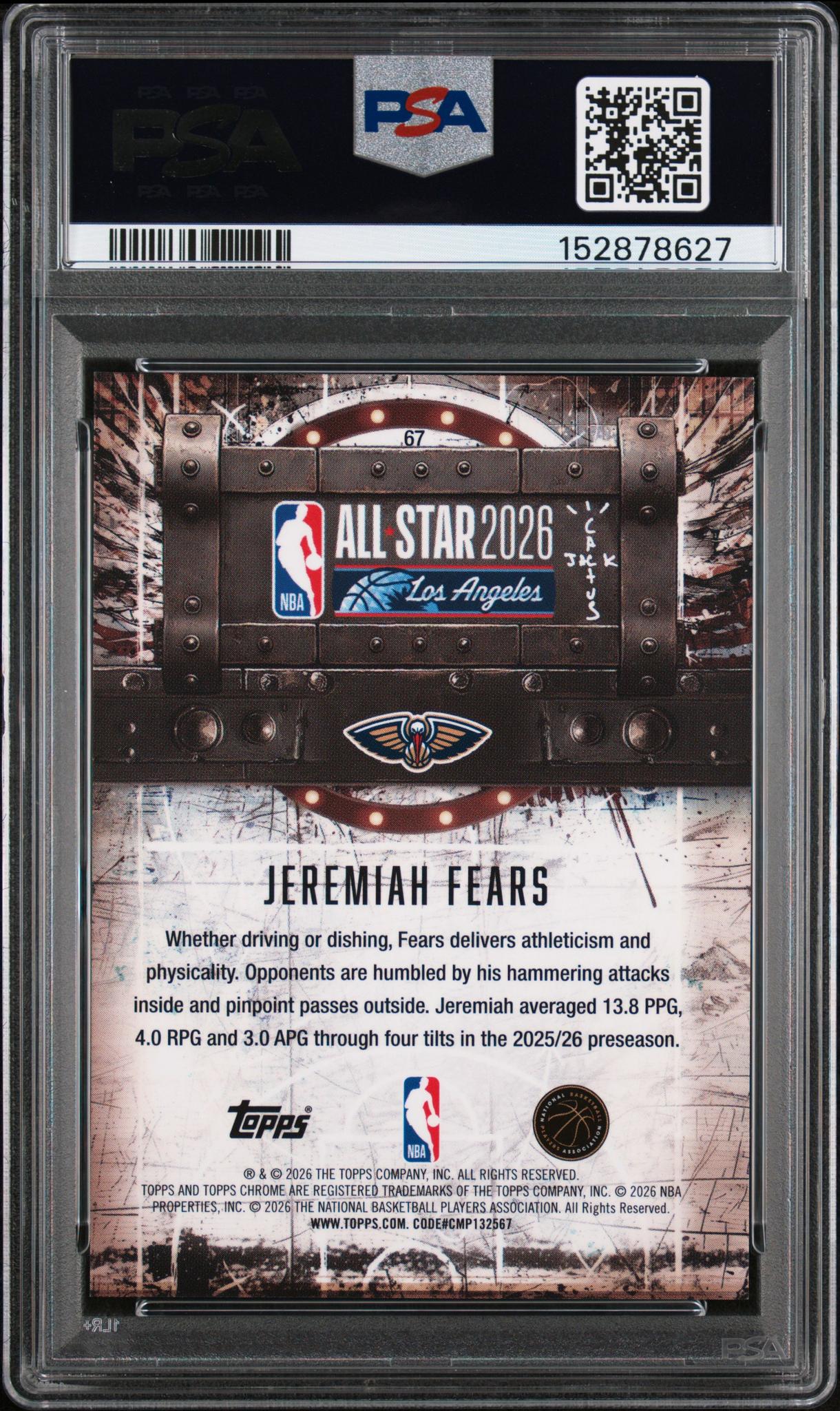 2025 Topps Chrome Cactus Jack X NBA All-Star Game Red Refractor Jeremiah Fears #67 PSA 10 - Image 2