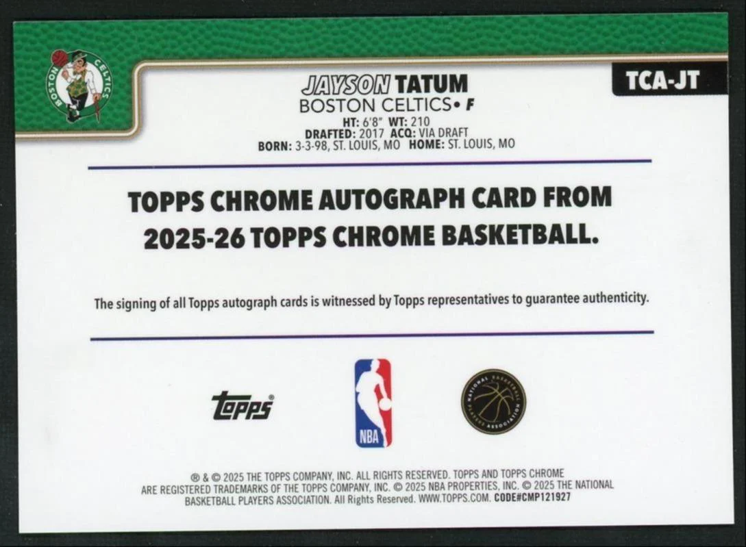 2025 Topps Chrome Chrome Jayson Tatum Purple Refractor Auto /75 - Image 2