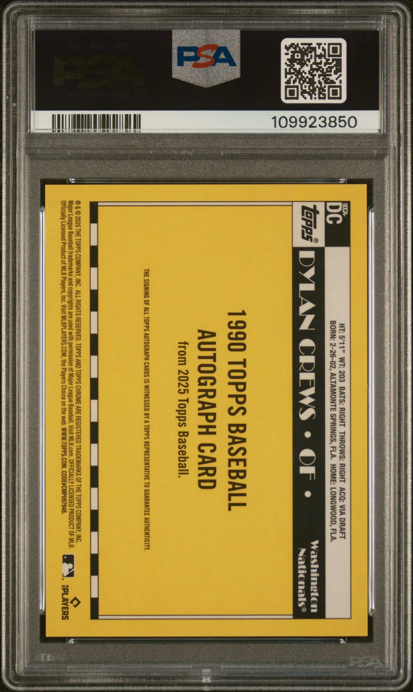 2025 Topps Chrome #DC Dylan Crews 1990 Topps Baseball /199 PSA 9 - Image 2