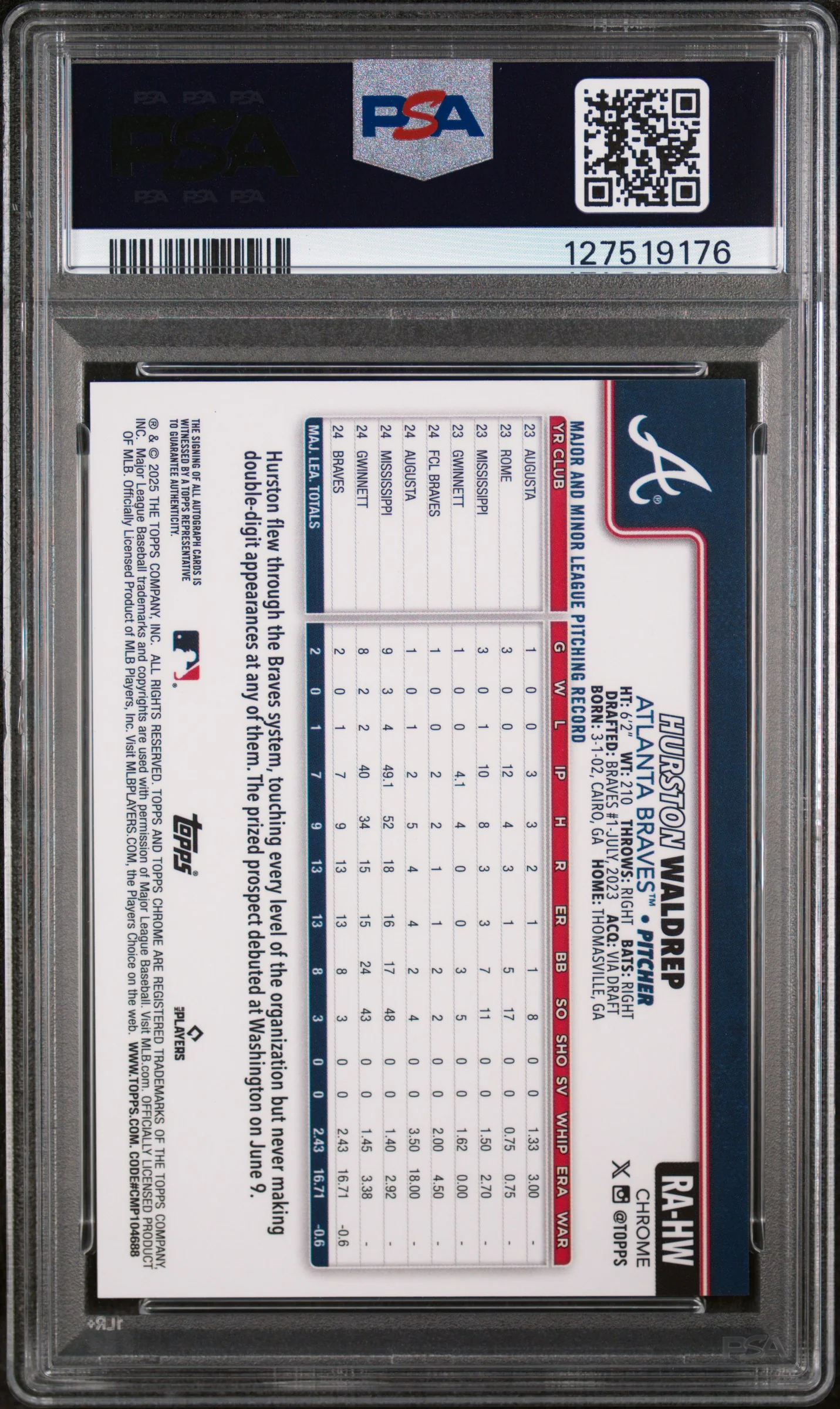 2025 Topps Chrome Hurston Waldrep #RA-HW PSA 9 - Image 2