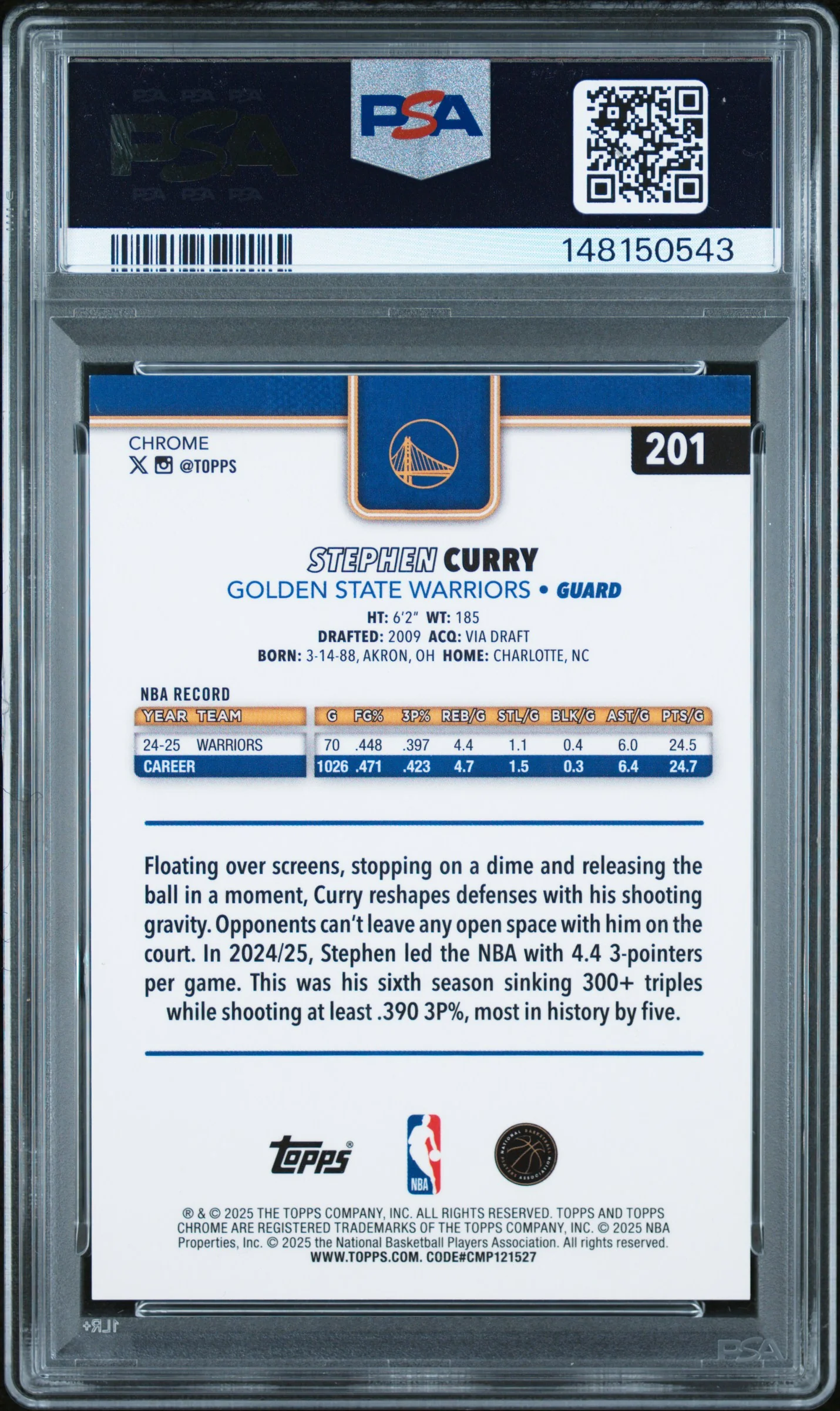 2025 Topps Chrome Image Variation-Green Speckle Stephen Curry #201 /99 PSA 9 - Image 2