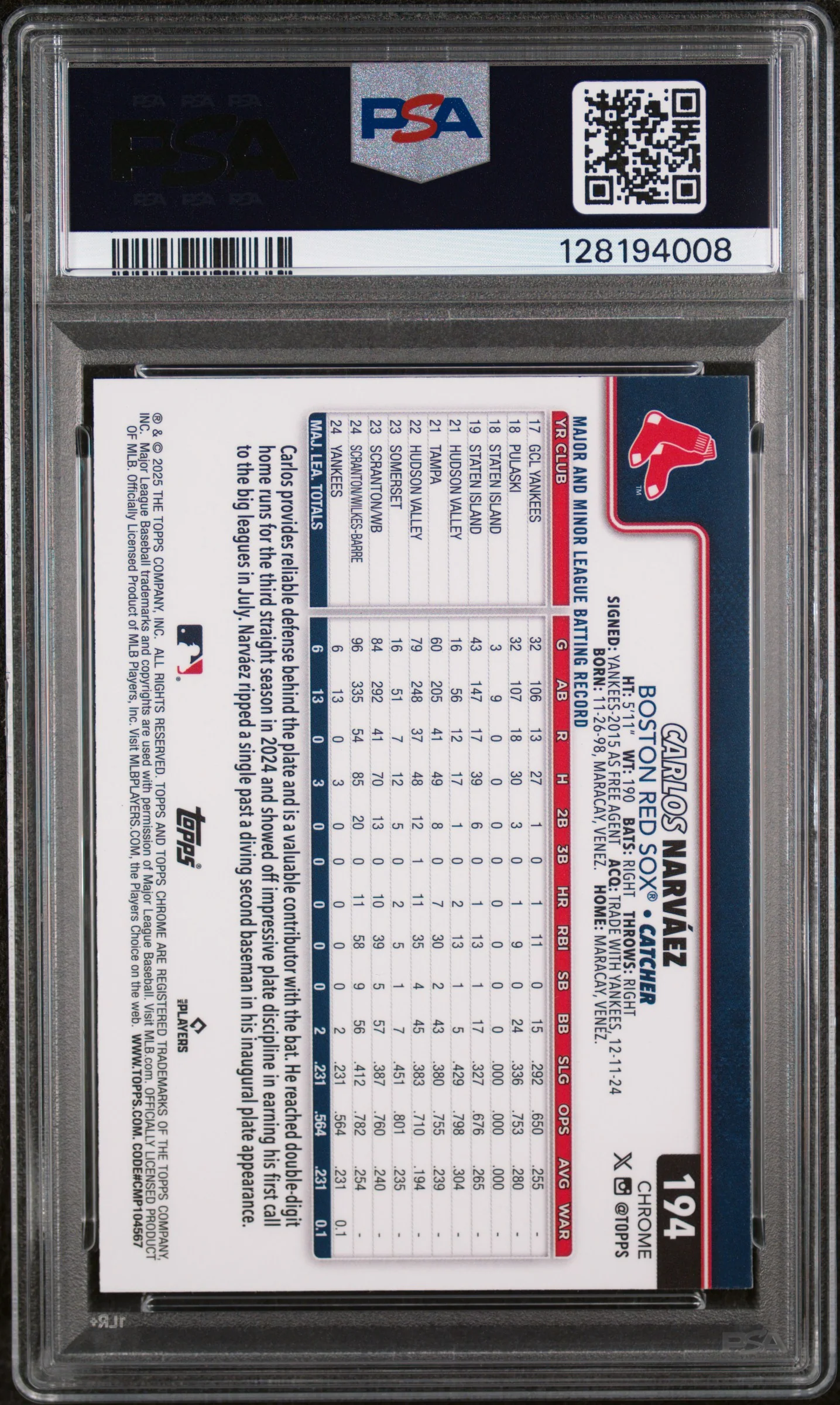 2025 Topps Chrome Lightboard Logo Variation Carlos Narvaez #194 PSA 9 - Image 2