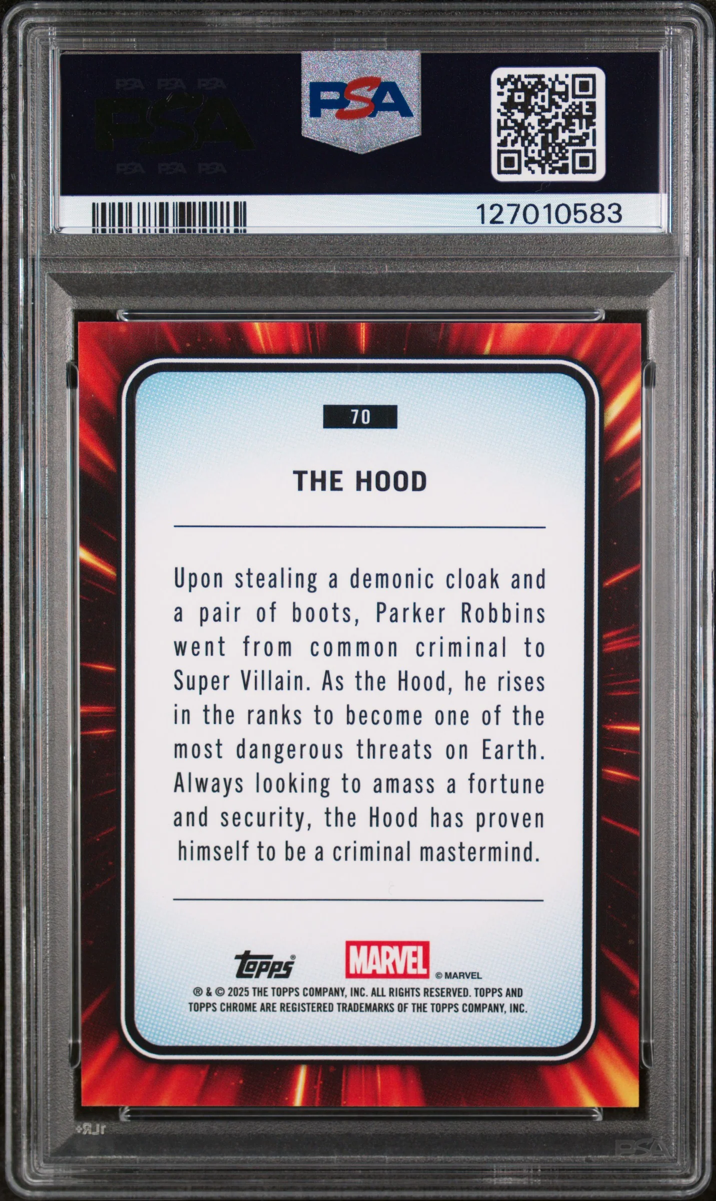 2025 Topps Chrome Marvel Blue Refractor the Hood #70 /299 PSA 8 - Image 2