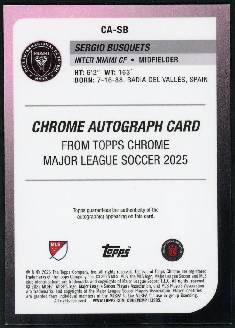 2025 Topps Chrome MLS Chrome Autographs Sergio Busquets Pink Shimmer /50 - Image 2