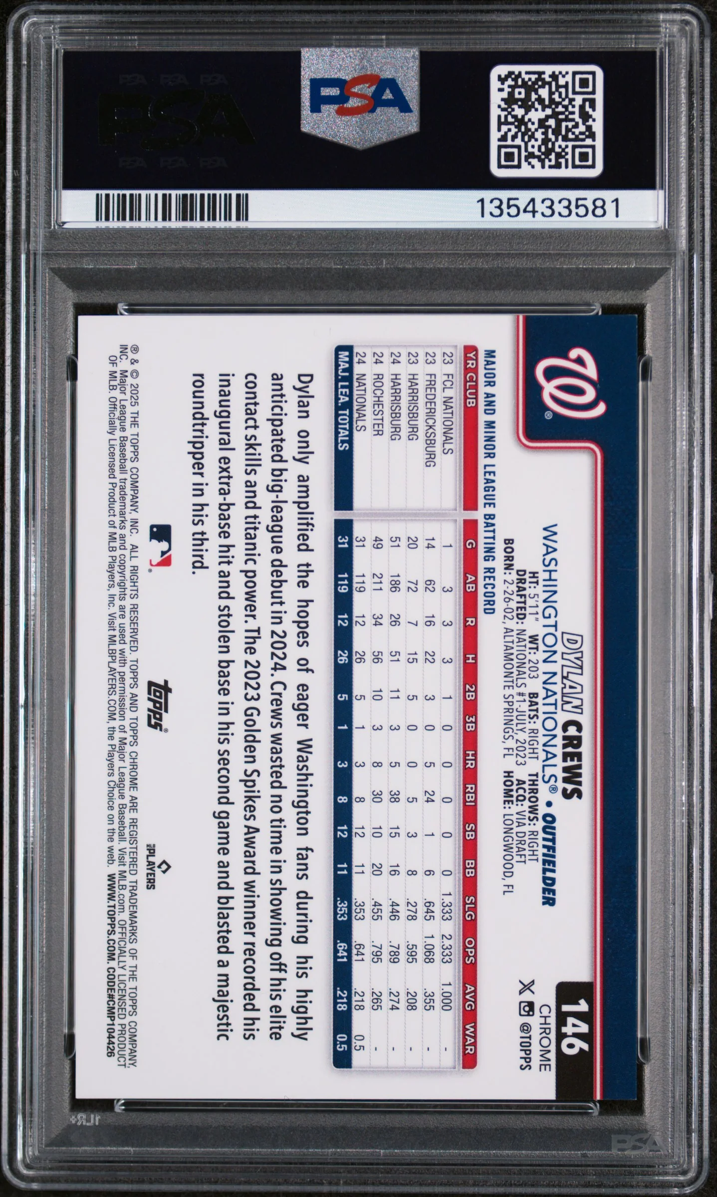 2025 Topps Chrome Orange Geometric Dylan Crews #146 /25 PSA 10 - Image 2