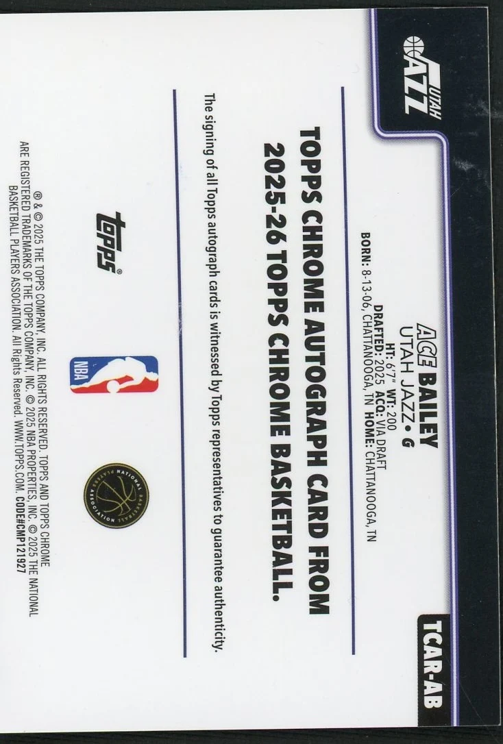 2025 Topps Chrome Purple Ace Bailey #TCAR-AB RC Auto /75 - Image 2