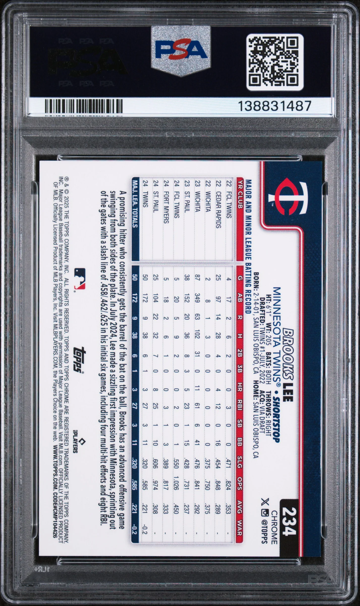 2025 Topps Chrome Red Refractor Brooks Lee #234 /5 PSA 9 - Image 2