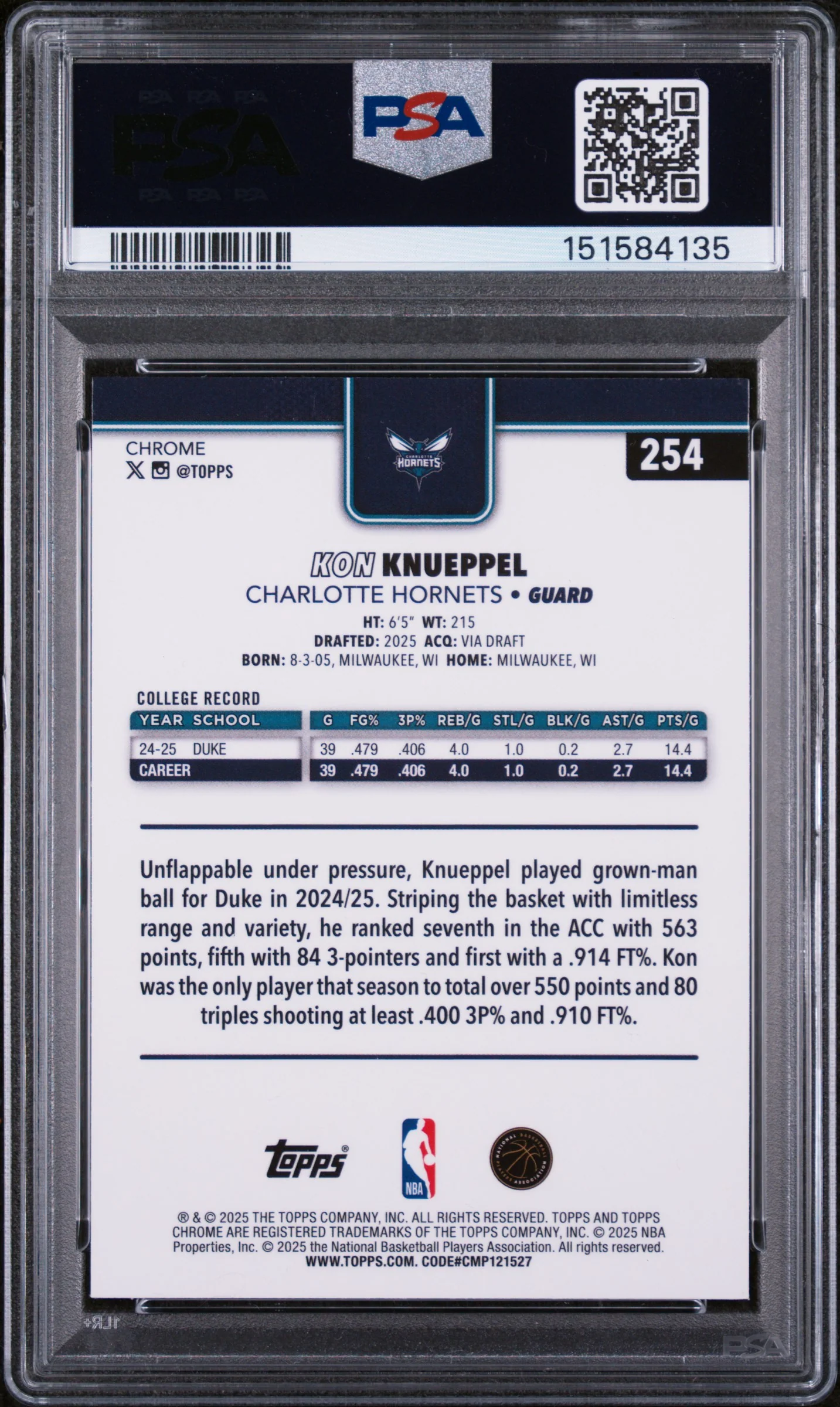 2025 Topps Chrome Red/White/Blue Refractor Kon Knueppel #254 PSA 10 - Image 2