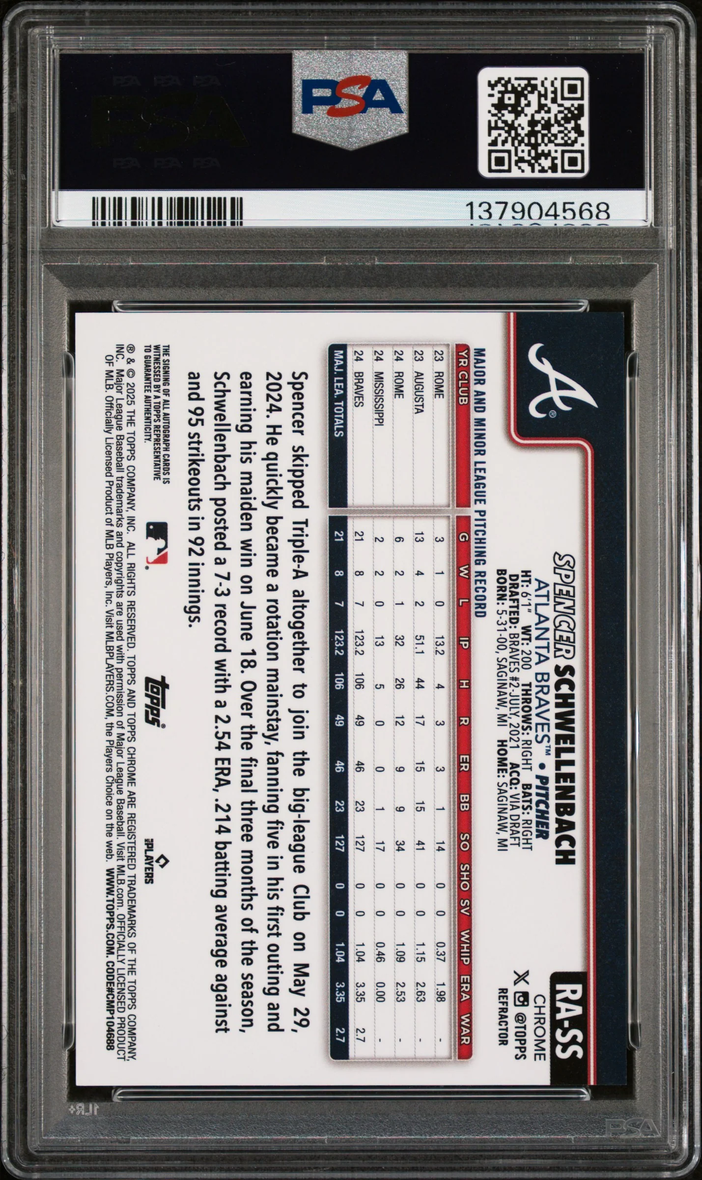 2025 Topps Chrome Refractor Spencer Schwellenbach #RA-SS /499 PSA 9 - Image 2