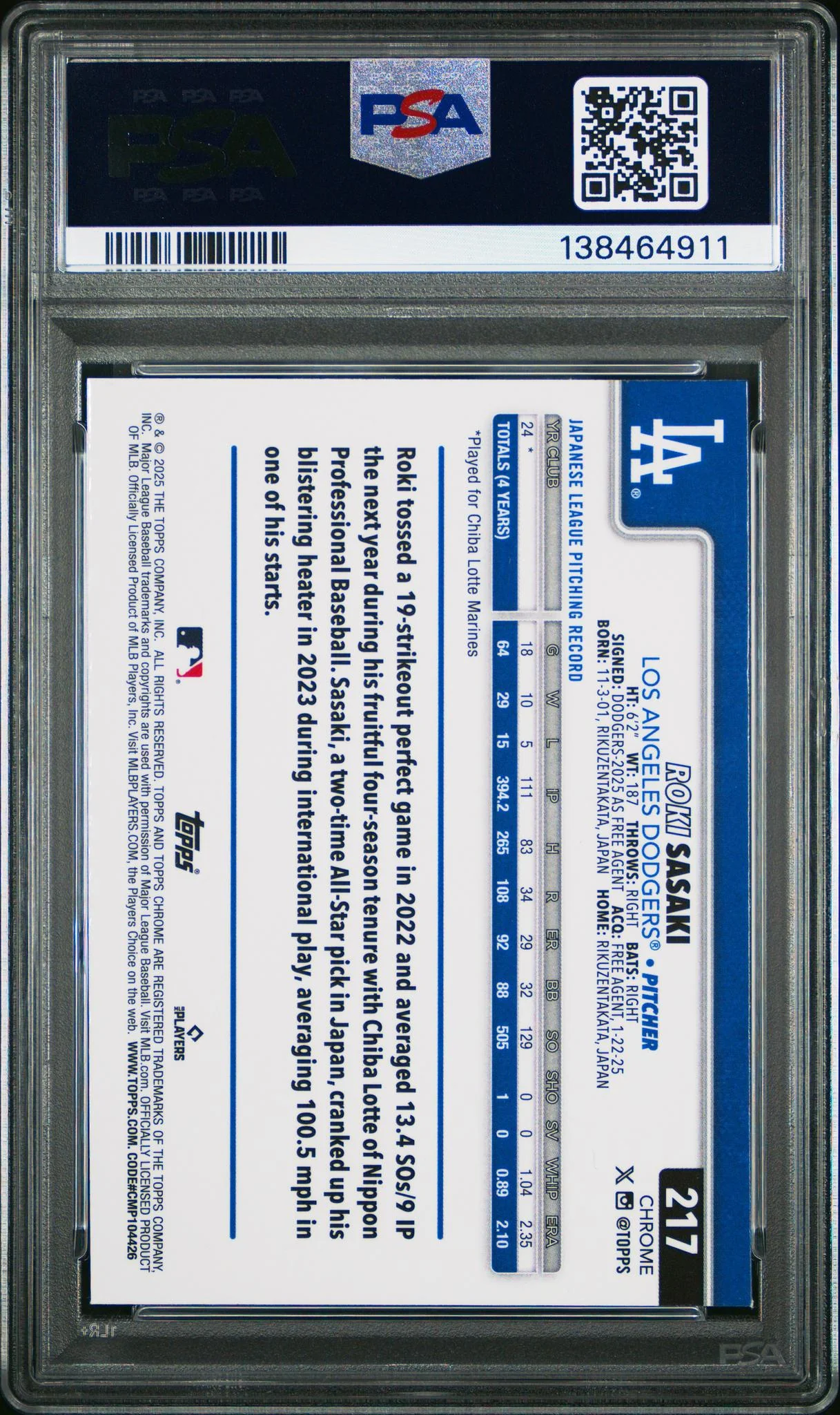 2025 Topps Chrome Roki Sasaki #217 PSA 9 - Image 2