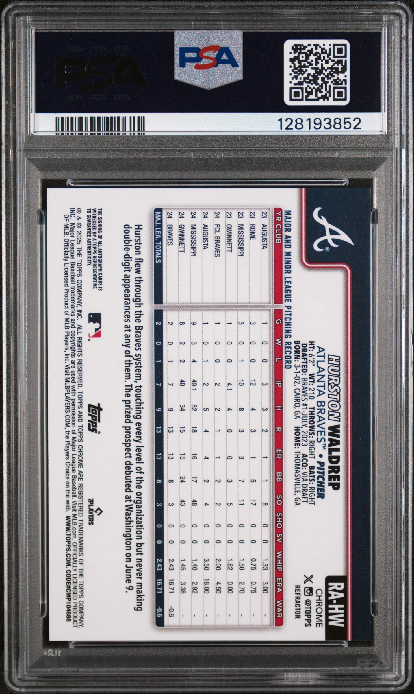 2025 Topps Chrome Rookie Autograph Refractor Hurston Waldrep #RAHW /499 PSA 8 - Image 2