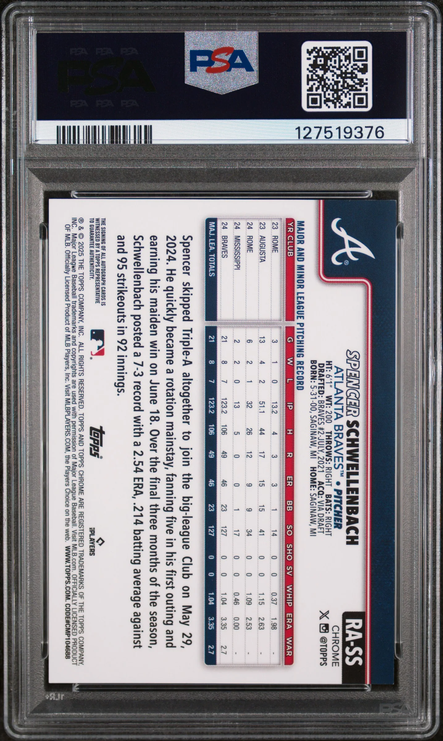 2025 Topps Chrome Rookie Autograph Spencer Schwellenbach #RASS PSA 9 - Image 2