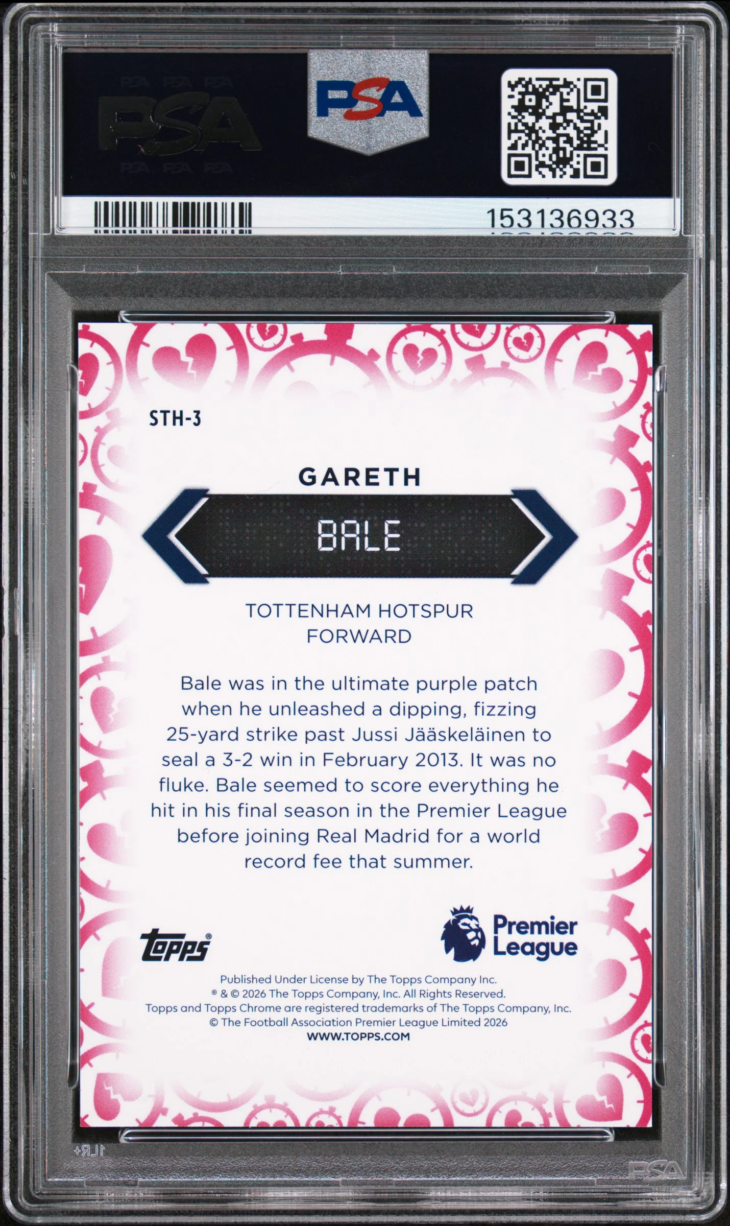 2025 Topps Chrome Sapphire Edition Premier League Stoppage Time Heartbreaker Black Gareth Bale #3 /10 PSA 10 - Image 2
