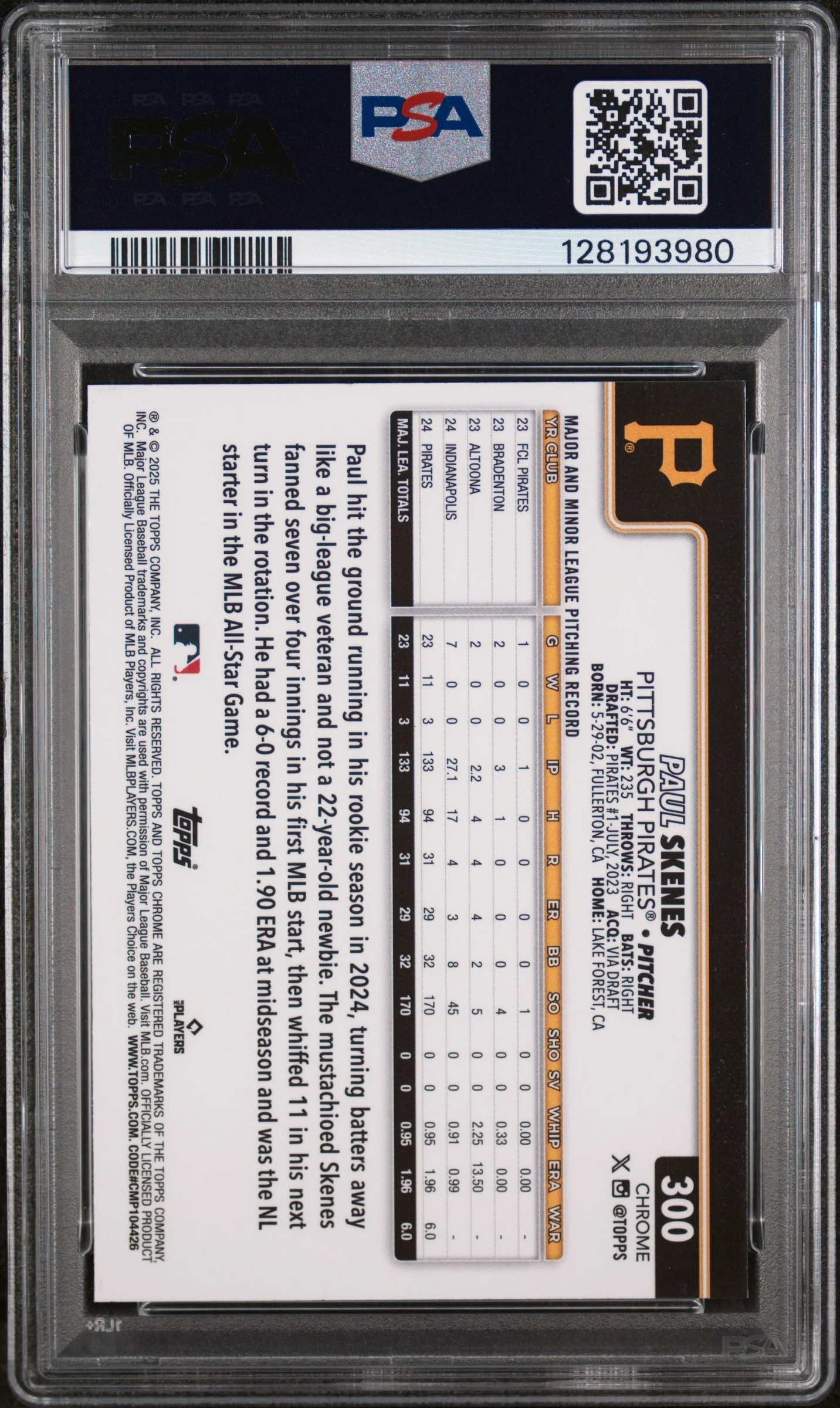 2025 Topps Chrome Teal Refractor Paul Skenes #300 /299 PSA 9 - Image 2