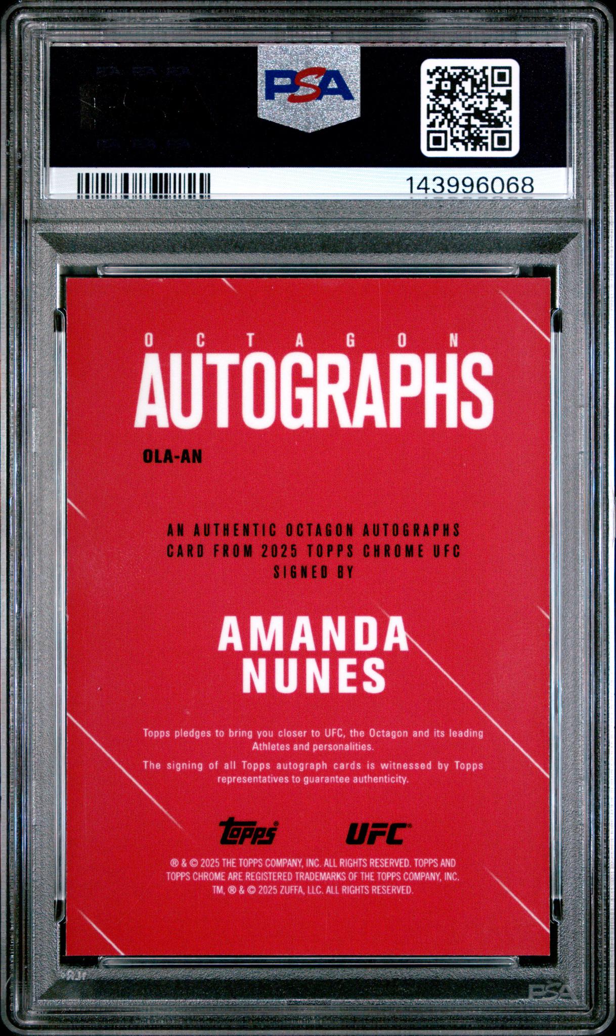 2025 Topps Chrome UFC Octagon Legends Autographs Orange Geometric Amanda Nunes #OLAAN /25 PSA 9 - Image 2