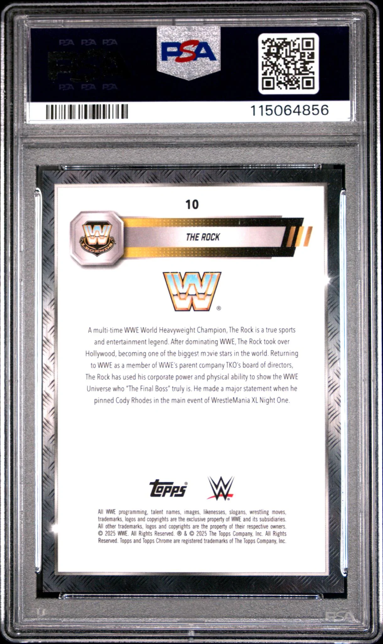 2025 Topps Chrome WWE Black & Gold Refractor the Rock #10 /113 PSA 9 - Image 2