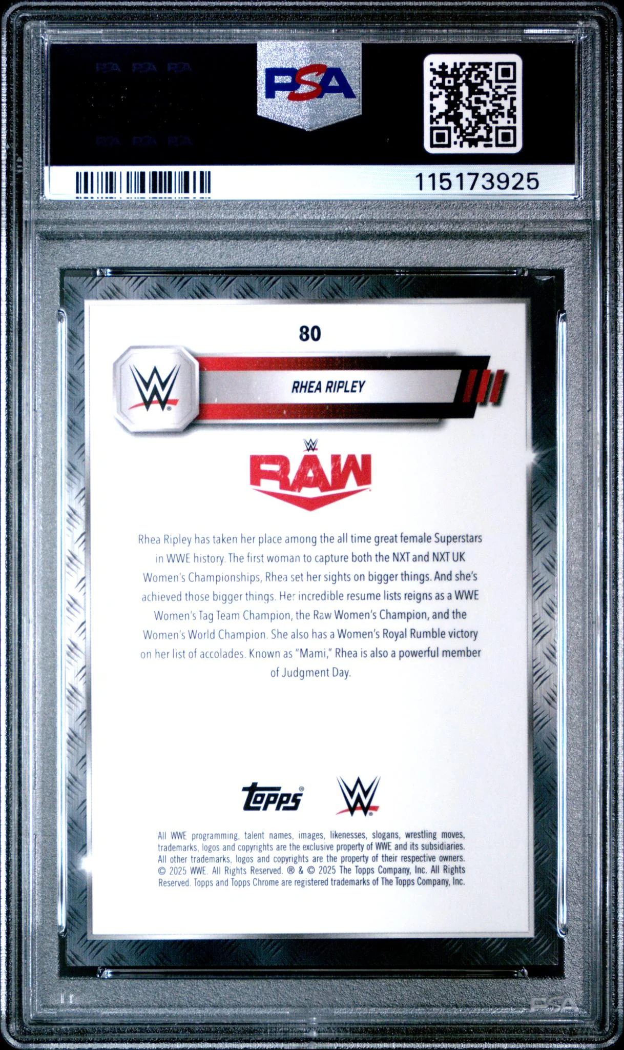 2025 Topps Chrome WWE Black Refractor Rhea Ripley #80 /10 PSA 8 - Image 2