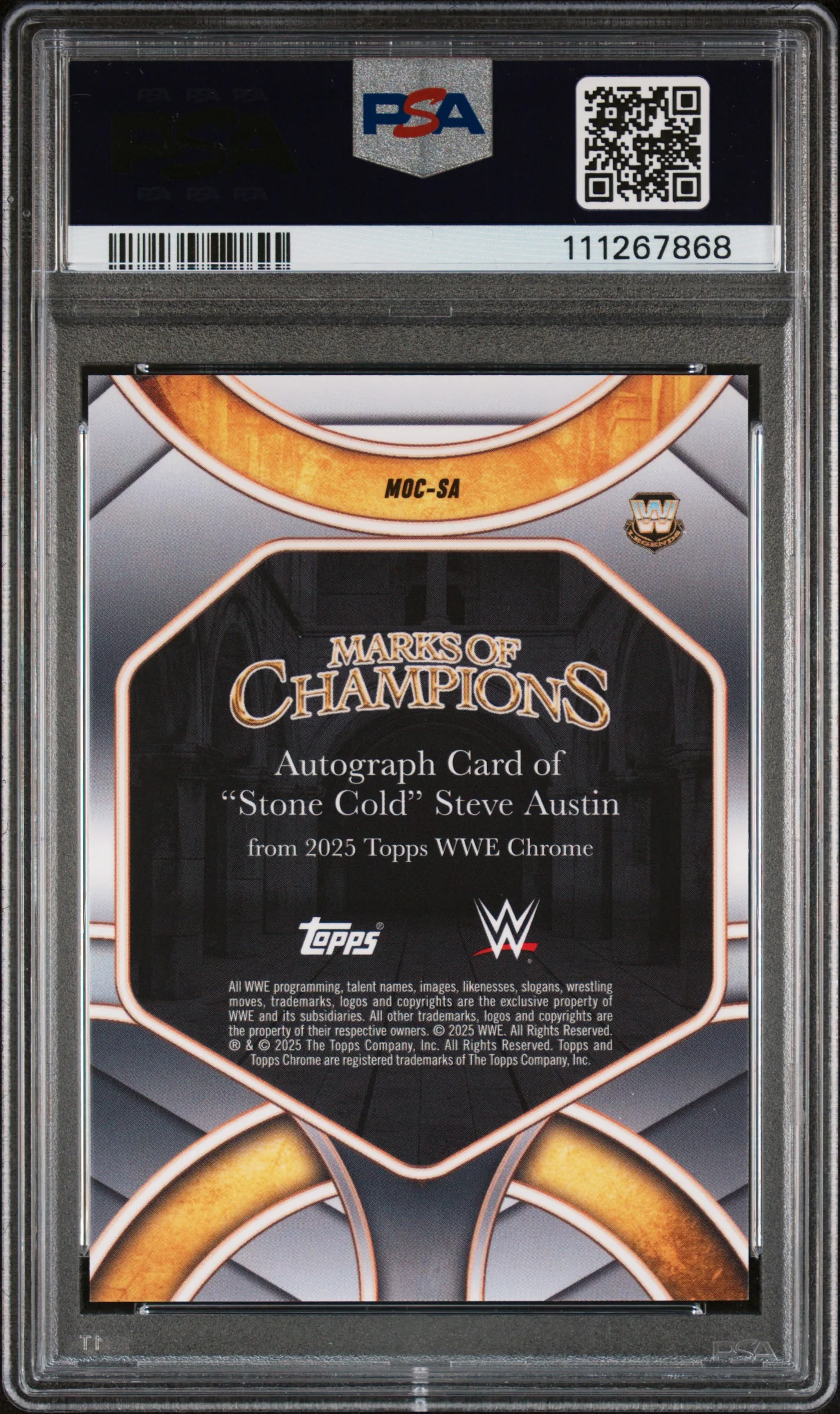 2025 Topps Chrome WWE Marks of Champions Autograph Stone Cold Steve Austin #MOCSA PSA 10 - Image 2
