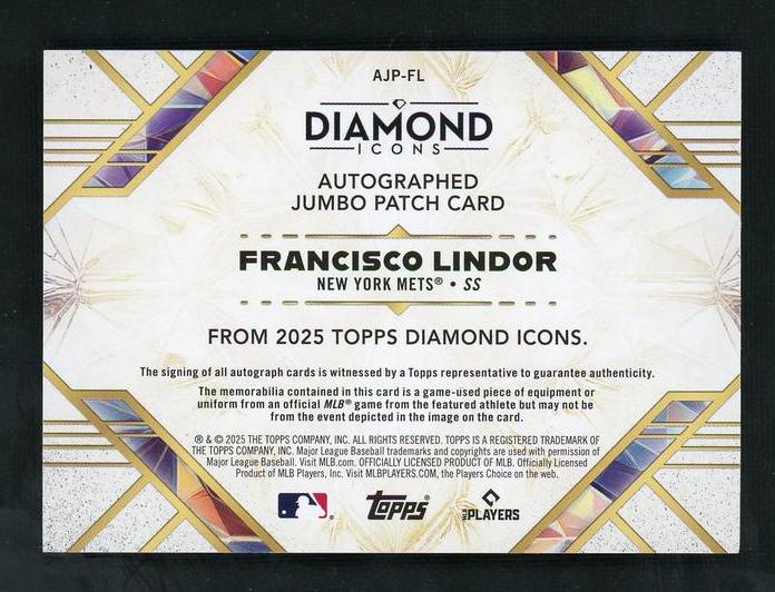 2025 Topps Diamond Icons AJP-FL Francisco Lindor /25 VG New York Mets Auto - Image 2