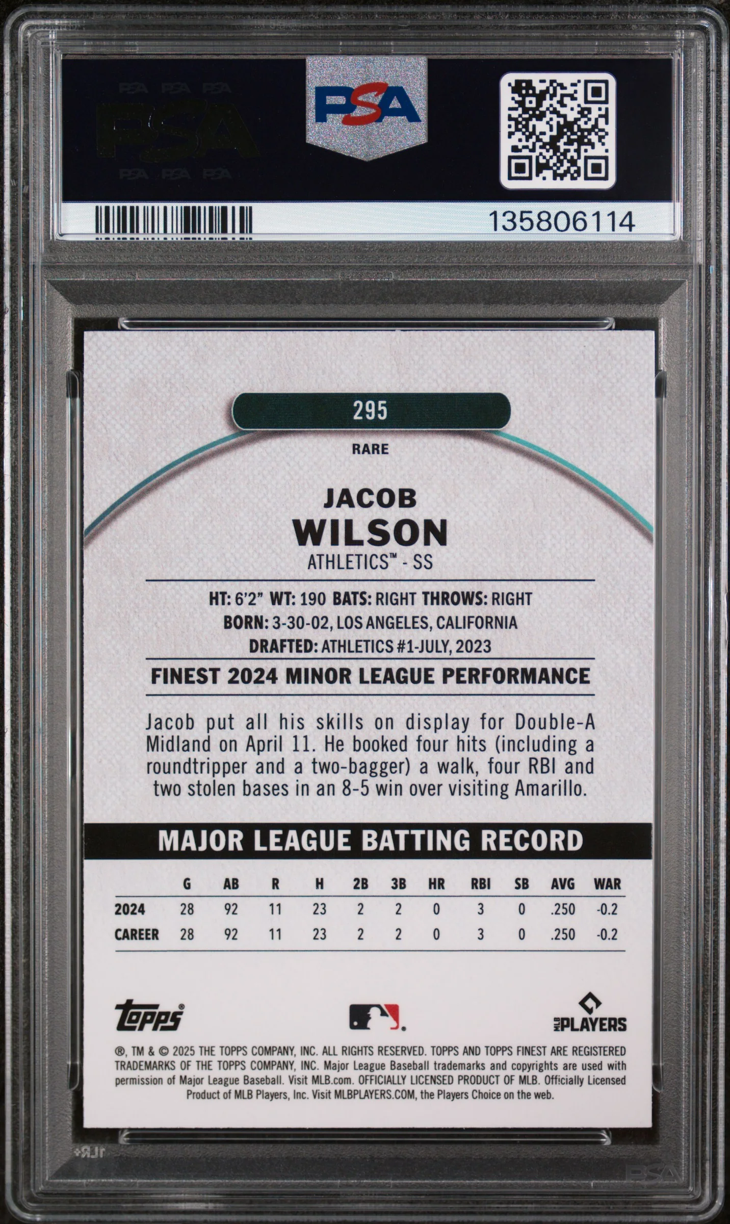 2025 Topps Finest Blue Refractor Jacob Wilson #295 /99 PSA 10 - Image 2