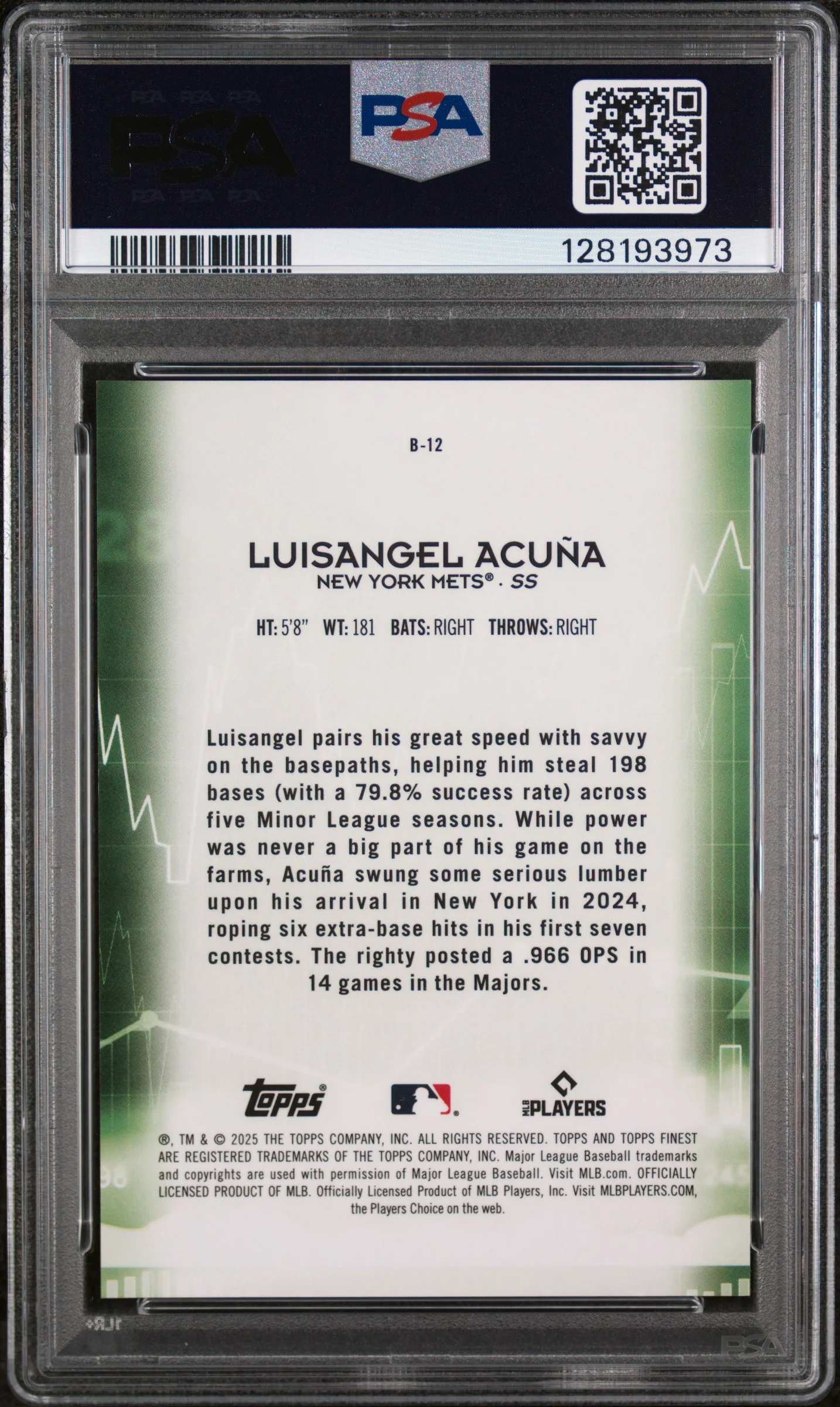 2025 Topps Finest Bullish Luisangel Acuna #B12 PSA 10 - Image 2