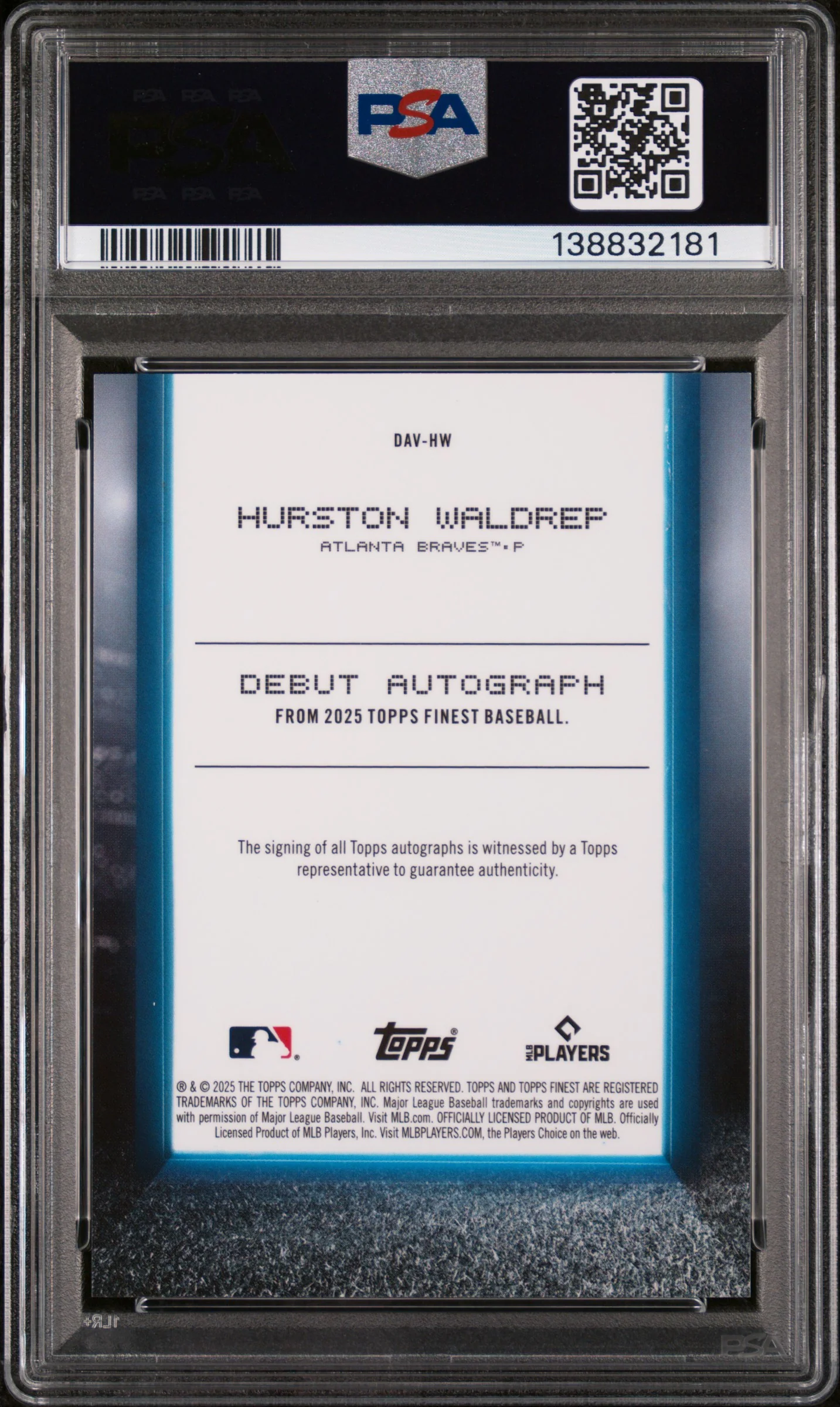 2025 Topps Finest Debut Autographs Green Refractor Hurston Waldrep #DAVHW /75 PSA 9 - Image 2