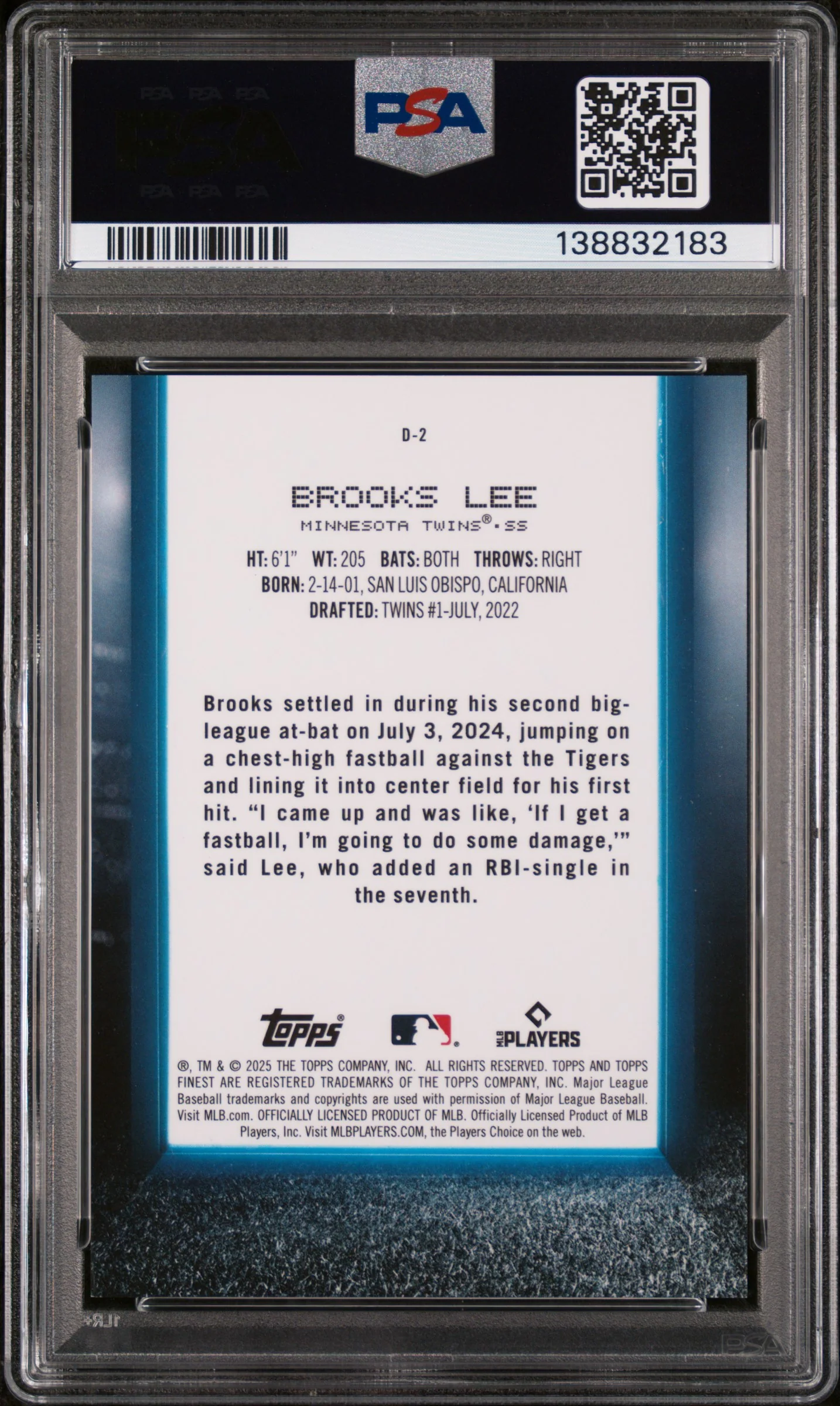 2025 Topps Finest Debut Gold Refractor Brooks Lee #D2 /50 PSA 9 - Image 2