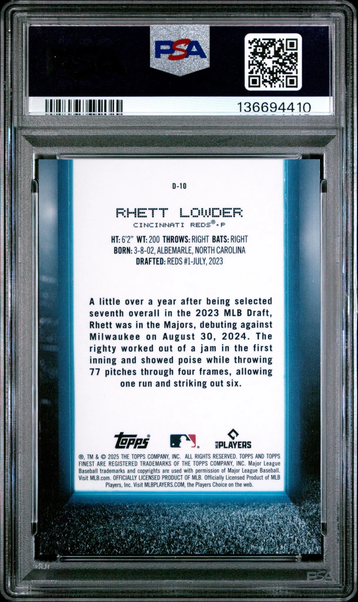 2025 Topps Finest Debut Orange Refractor Rhett Lowder #D10 PSA 9 - Image 2
