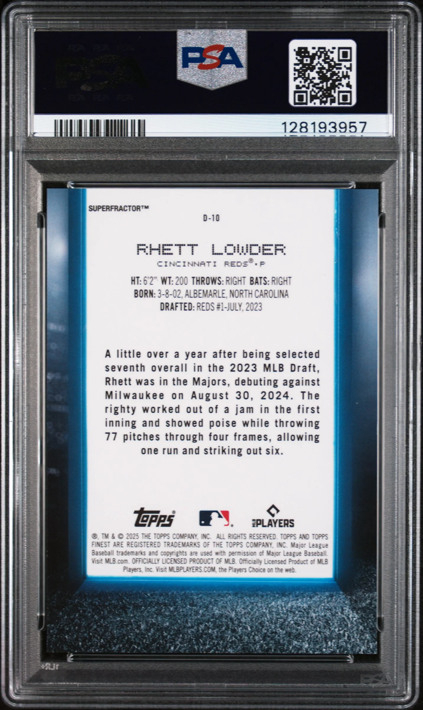 2025 Topps Finest Debut Superfractor 1/1 Rhett Lowder #D10 PSA 10 - Image 2