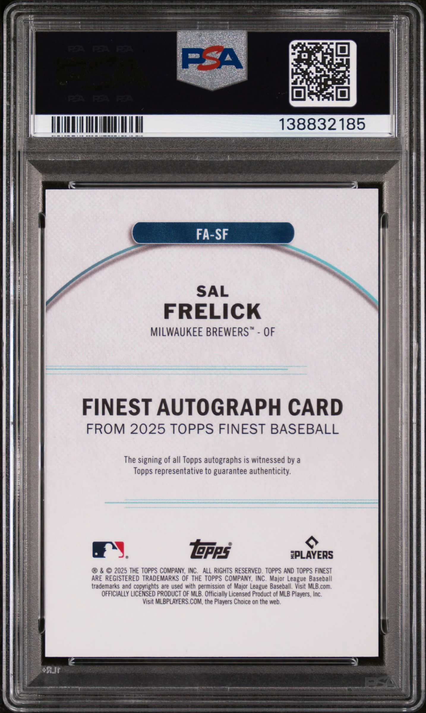 2025 Topps Finest Finest Autographs Blue Refractor Sal Frelick #SF /99 PSA 10 - Image 2