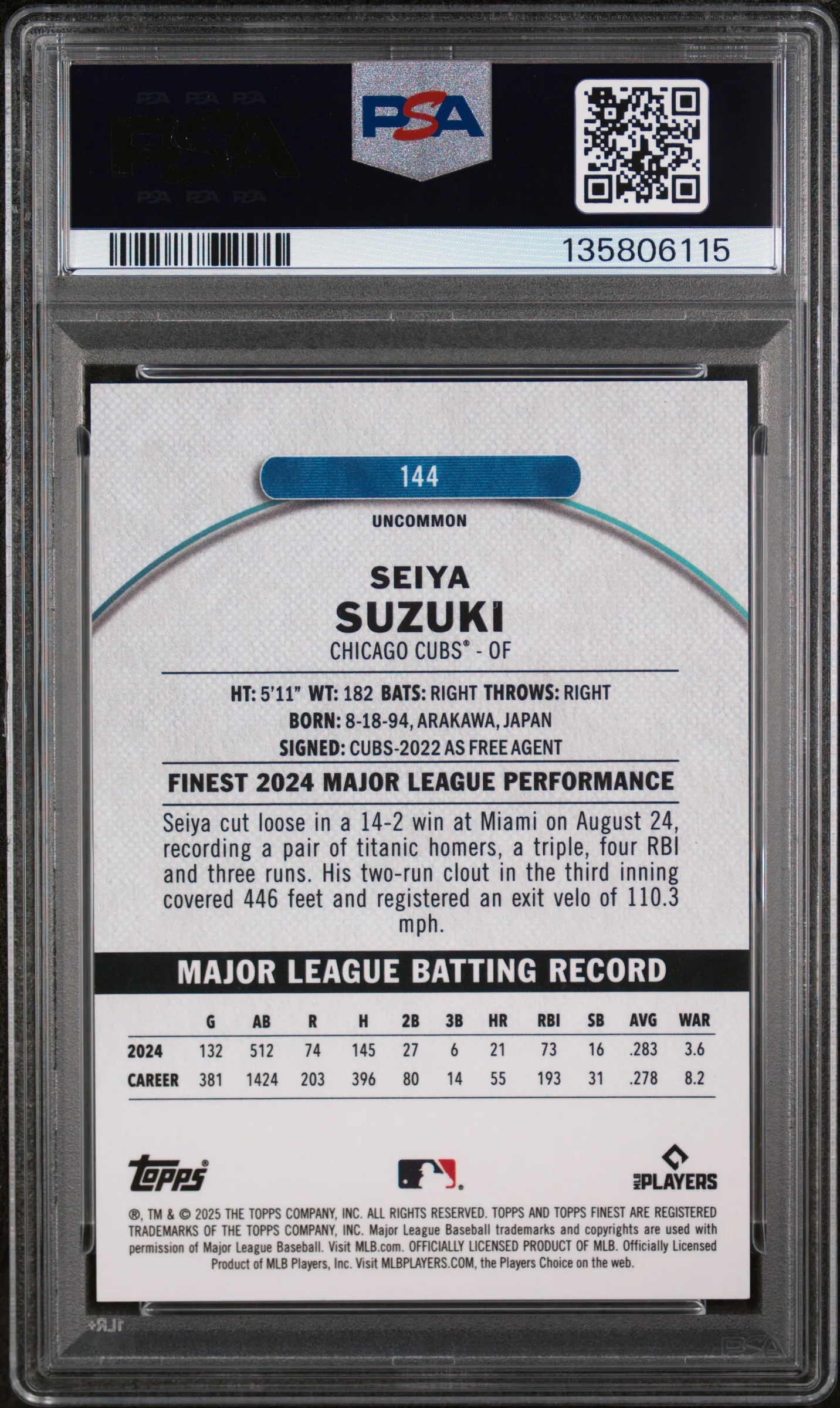 2025 Topps Finest Green Refractor Seiya Suzuki #144 35/35 PSA 10 - Image 2