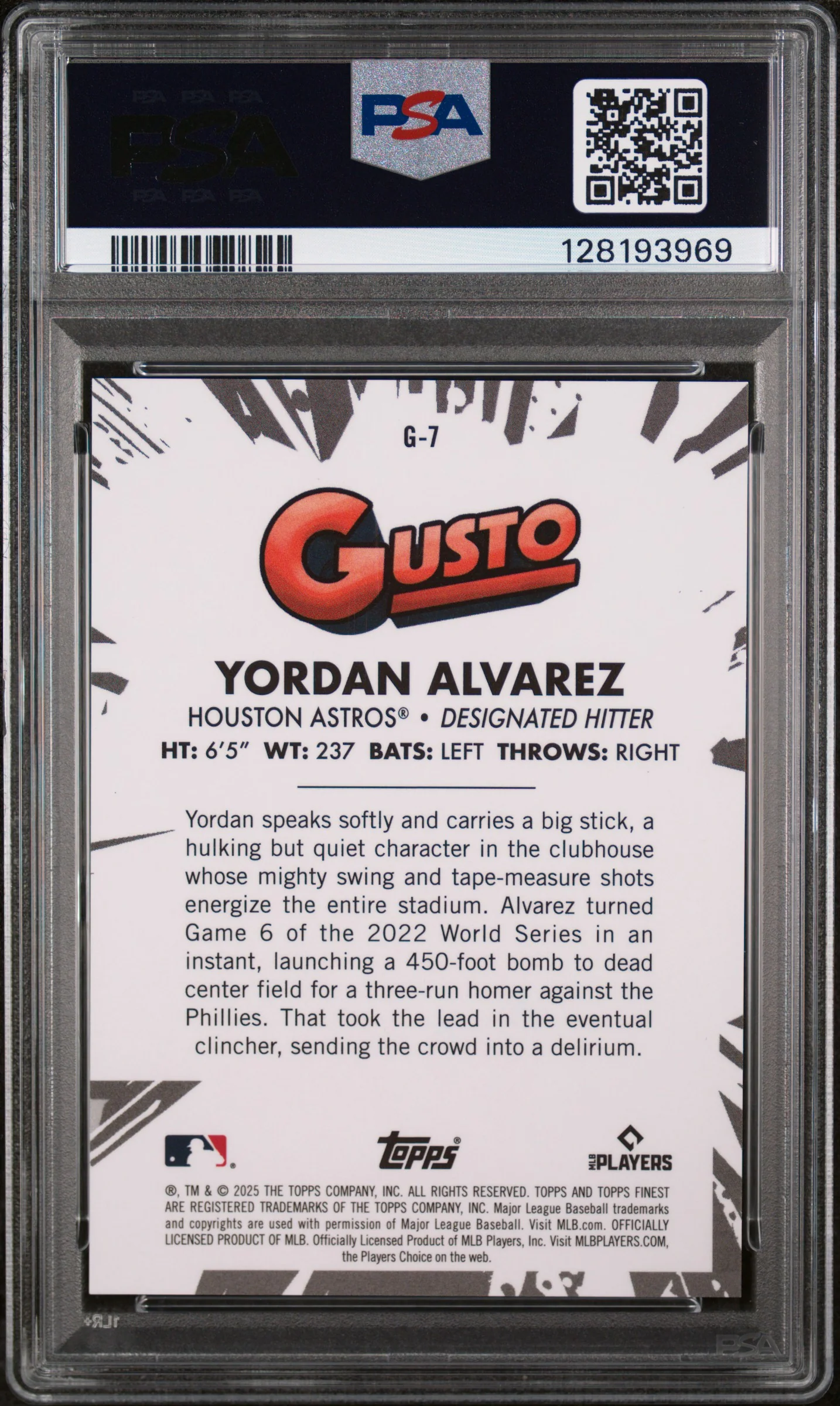 2025 Topps Finest Gusto Yordan Alvarez #G7 PSA 10 - Image 2